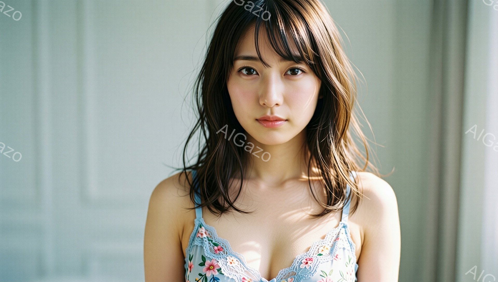 長いダークブラウンの髪は肩にかかるくらいで、少し無造作にウェーブがかかっています。彼女は花柄のキャミソールを着ており、優しい表情でカメラを見ています。背景は薄い水色の壁で、柔らかく穏やかな雰囲気を醸し出しています。