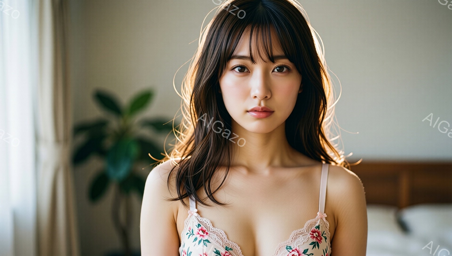 黒髪の女性が、花柄のキャミソールを着て正面を見つめています。彼女は肩を出し、少し微笑んでおり、柔らかい光が彼女の顔を照らしています。背景はぼかれていますが、植物とベッドの一部が見え、暖かく穏やかな雰囲気が漂っています。