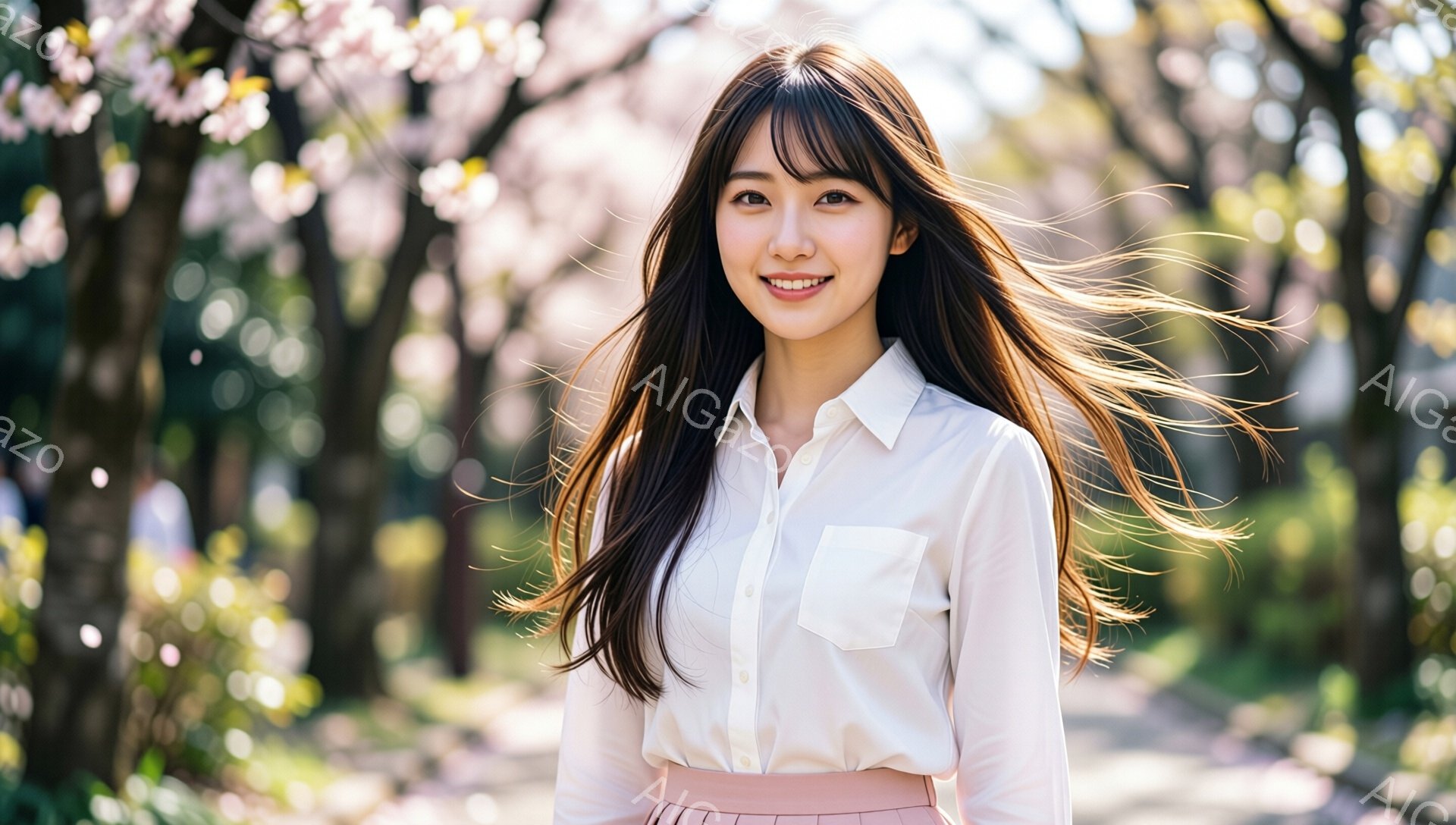 長い黒髪を風になびかせながら微笑む女性が写っています。白のシャツとピンク色のスカートを身につけ、明るい表情でカメラを見つめています。背景には桜並木が広がり、春の穏やかな日差しが降り注いでいます。 - AI生成フリー素材