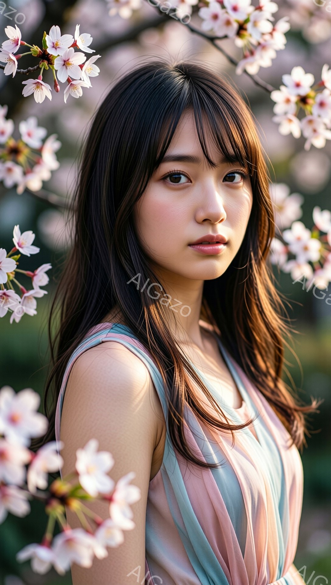 黒髪の女性が、薄桃色のストライプの入った淡い緑とピンクのワンピースを着て、少し微笑んでいます。彼女は正面を少し外して見ており、髪は肩にかかる長さで自然にウェーブがかかっています。背景には桜の花が咲き乱れ、春の暖かく優しい雰囲気を醸し出しています。