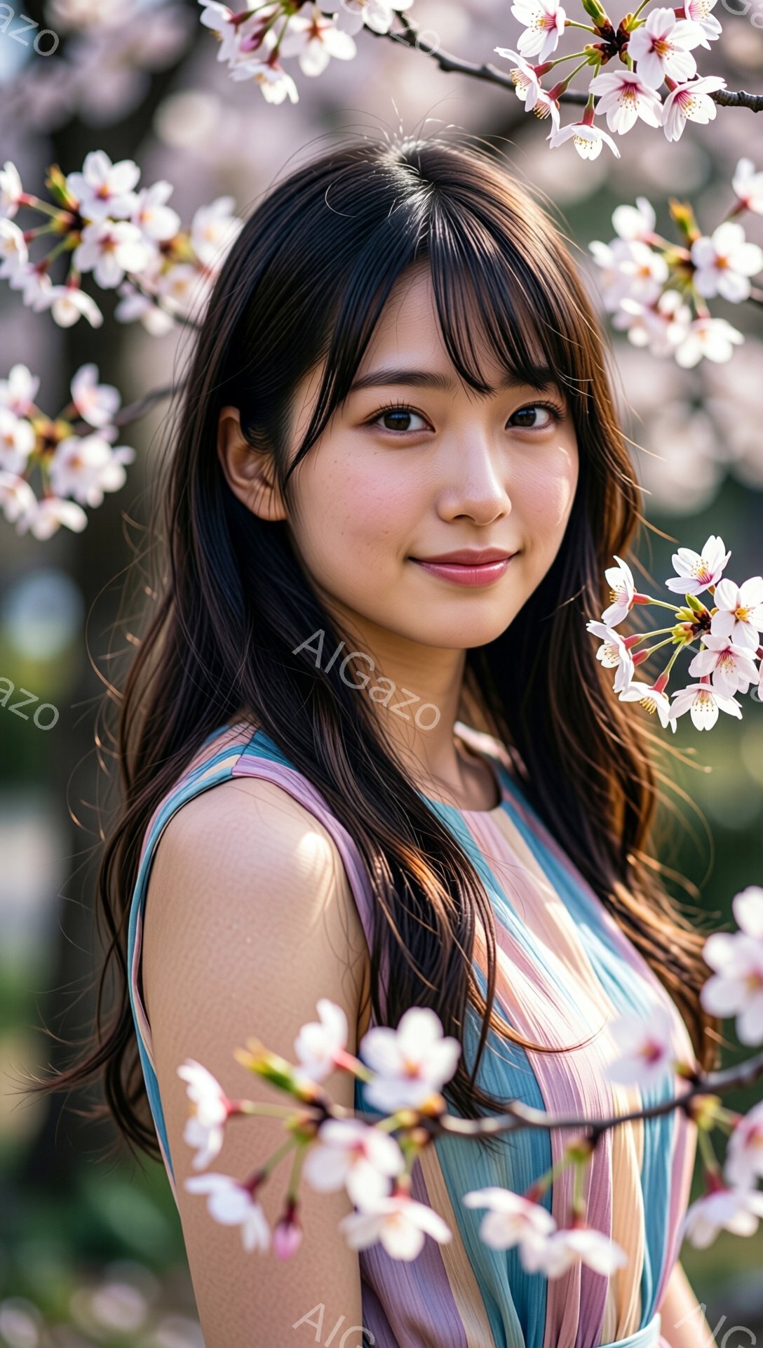 黒髪で肩までの長さの女性が、ピンクと青のストライプのキャミソールワンピースを着て微笑んでいます。彼女は少し横を向き、桜の花が背景に咲き乱れており、春らしい穏やかな雰囲気が漂っています。柔らかい光が彼女 - AI生成フリー素材