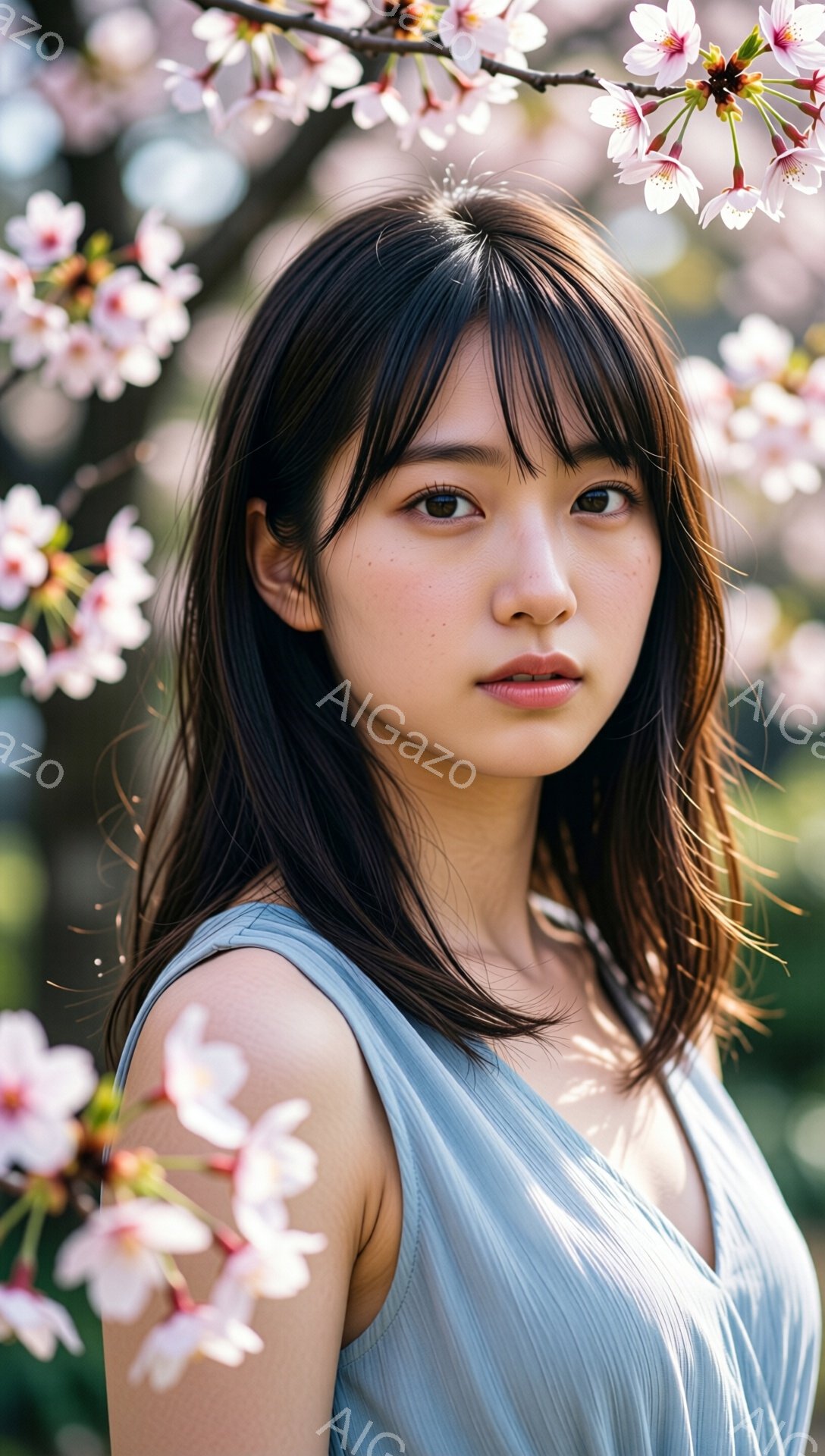 黒髪の女性が桜の花を背景に写っている。彼女は淡い水色のワンピースを着ており、前髪が目の上にかかるようにスタイリングされた髪が肩にかかっている。表情は穏やかで、少し微笑んでいるように見える。