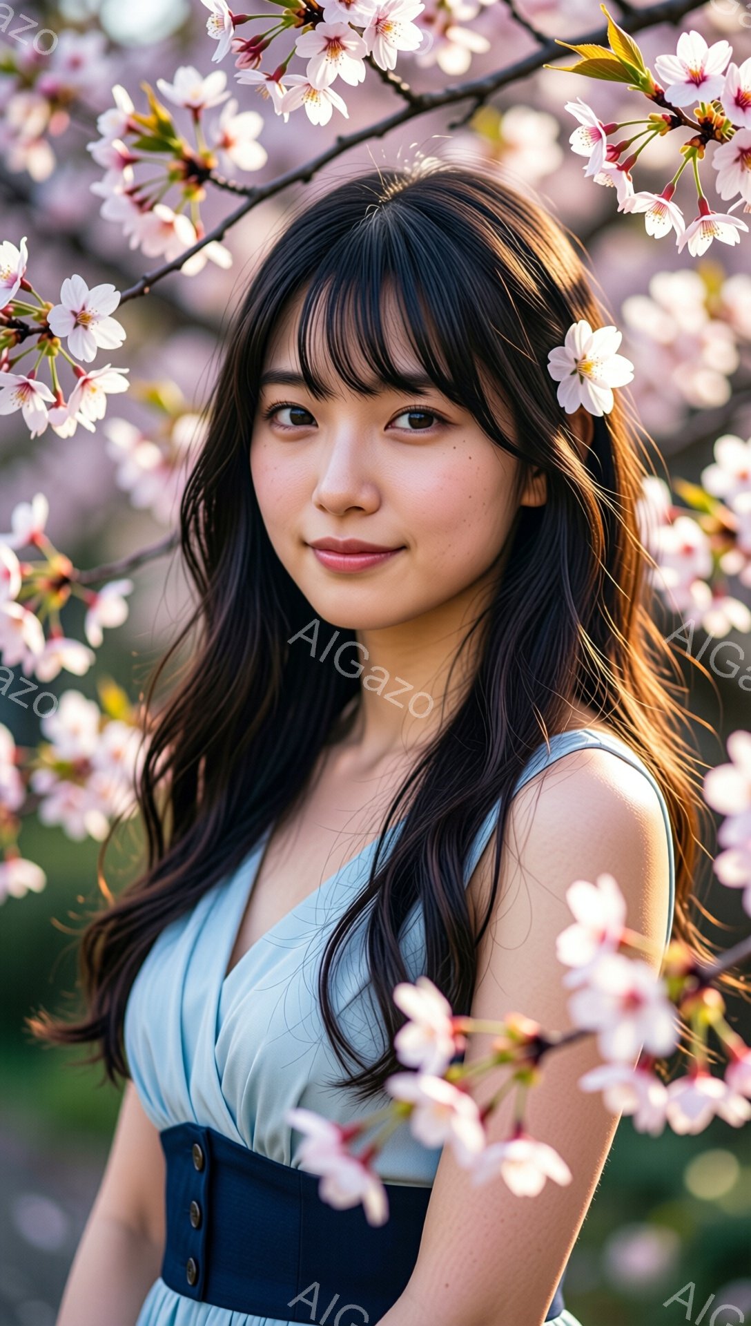 長い黒髪の女性が、薄い水色のドレスを着て微笑んでいます。彼女は肩を少し落とし、正面を見据えた自然な姿勢で、背景には桜の花が咲き乱れています。全体的に、春の暖かさと女性の穏やかな雰囲気が伝わる、優しい印象の写真です。