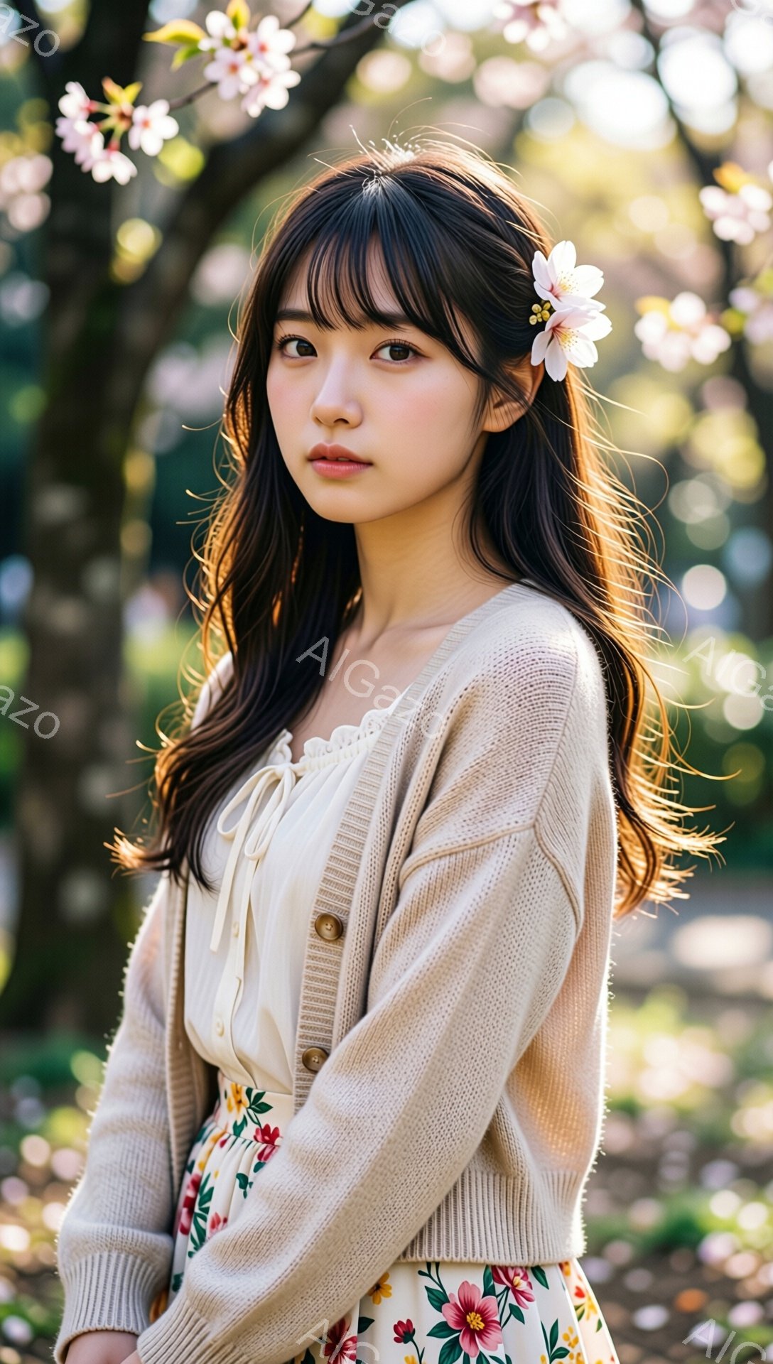 長い黒髪に白い花をあしらった女性が、ベージュ色のカーディガンと花柄のスカートを身に着けて立っています。彼女はわずかに微笑み、穏やかな表情を浮かべています。背景には桜の木があり、桜の花びらが舞い散る春の暖かく柔らかな雰囲気を醸し出しています。