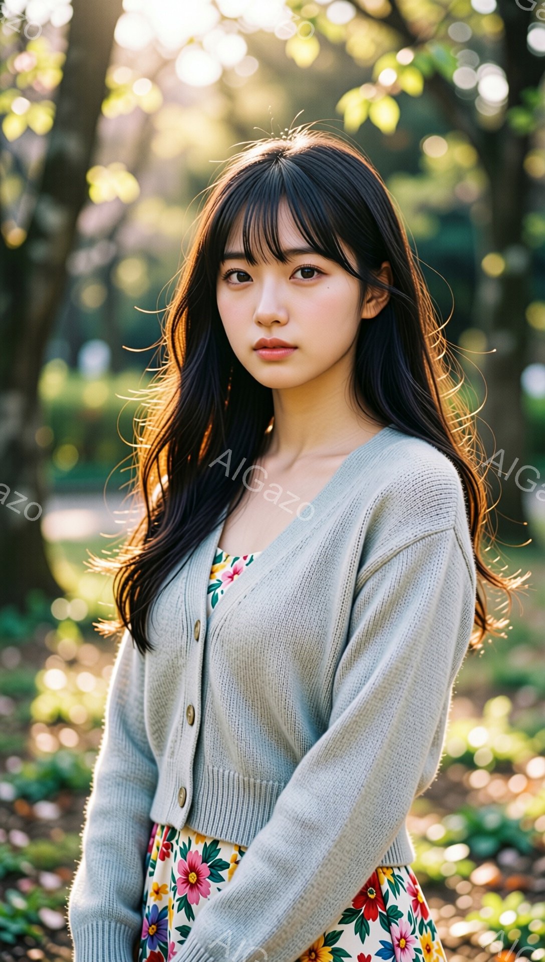 長い黒髪で、前髪は眉毛にかかるようにカットされた若い女性が写っている。彼女は花柄のワンピースの上に、ライトグレーのカーディガンを羽織っており、少し微笑んでいる。背景は木々に囲まれた自然で、太陽の光が差 - AI生成フリー素材