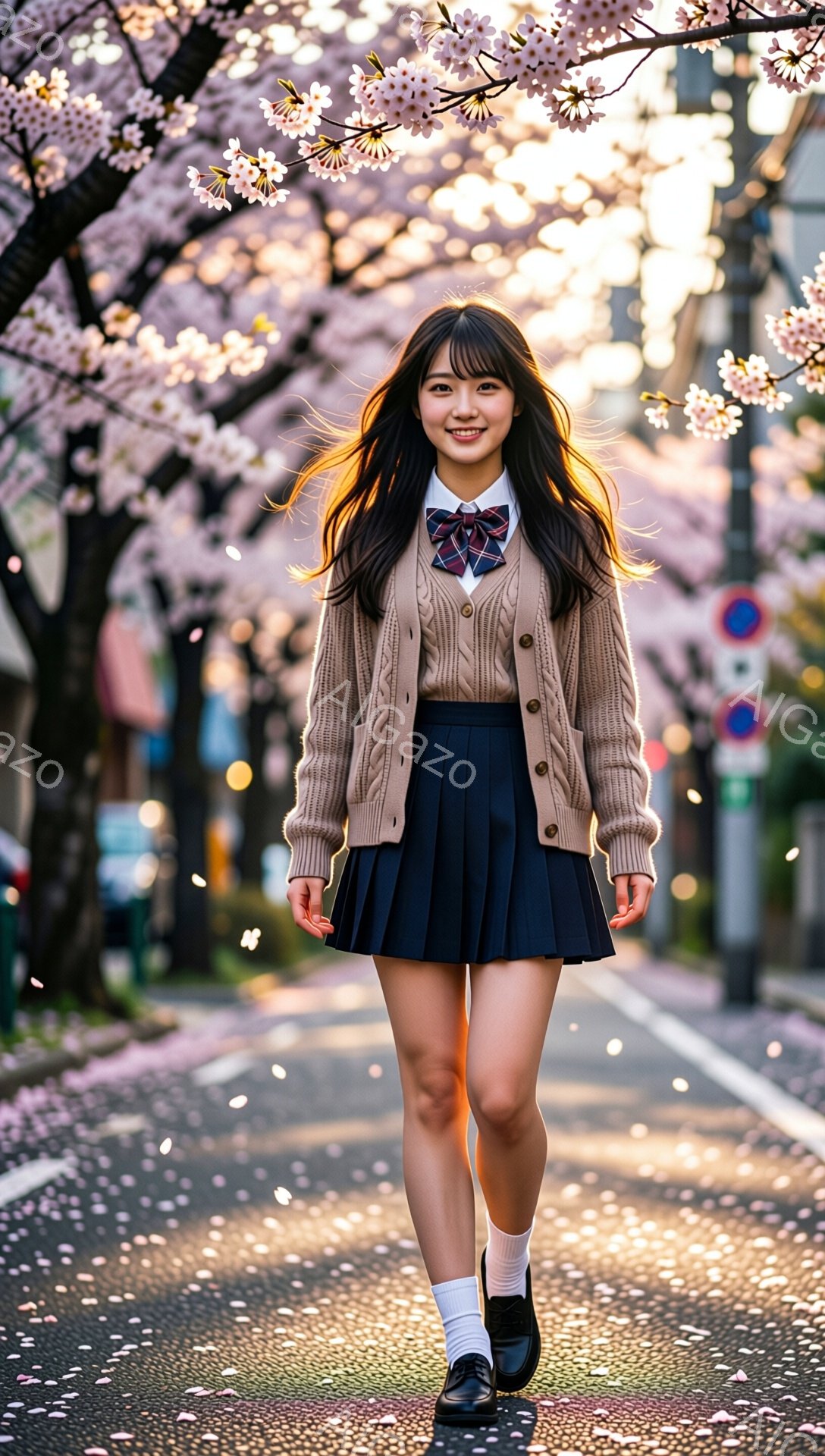 桜並木の中を、セーラー服を着た若い女性が歩いている。彼女は茶色のカーディガン、チェックのネクタイ、プリーツスカートを着用し、ソックスとローファーを合わせている。背景には桜の花びらが舞い散り、春の暖かく明るい雰囲気が漂っている。