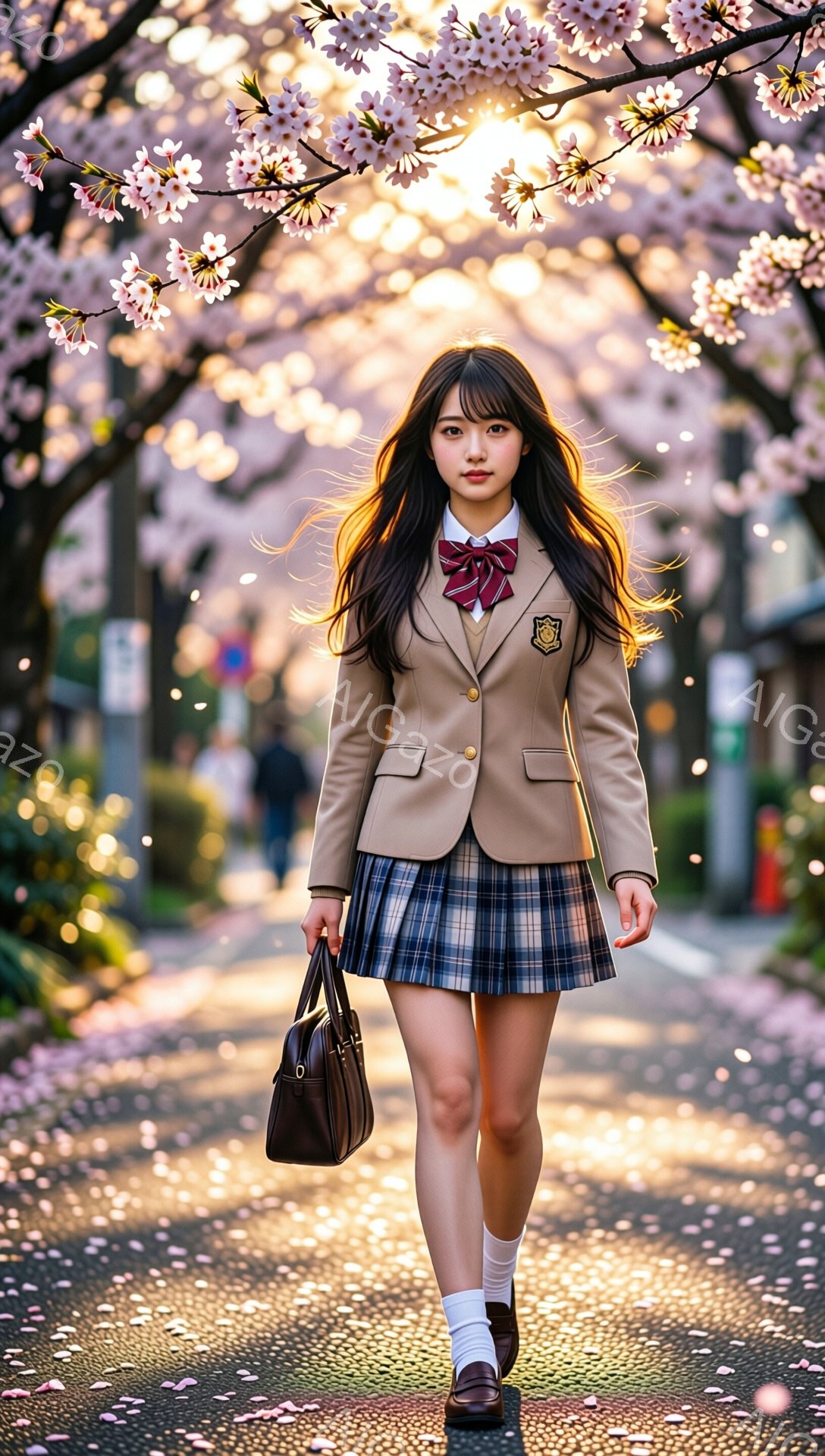 明るい春の日差しの中、女子高生が桜並木を歩いている。ベージュのブレザーにチェックのスカート、白いソックスとローファーを合わせ、茶色のハンドバッグを持っている。彼女は少し微笑み、前を見据え、桜の花びらが舞う美しい風景の中に立っている。