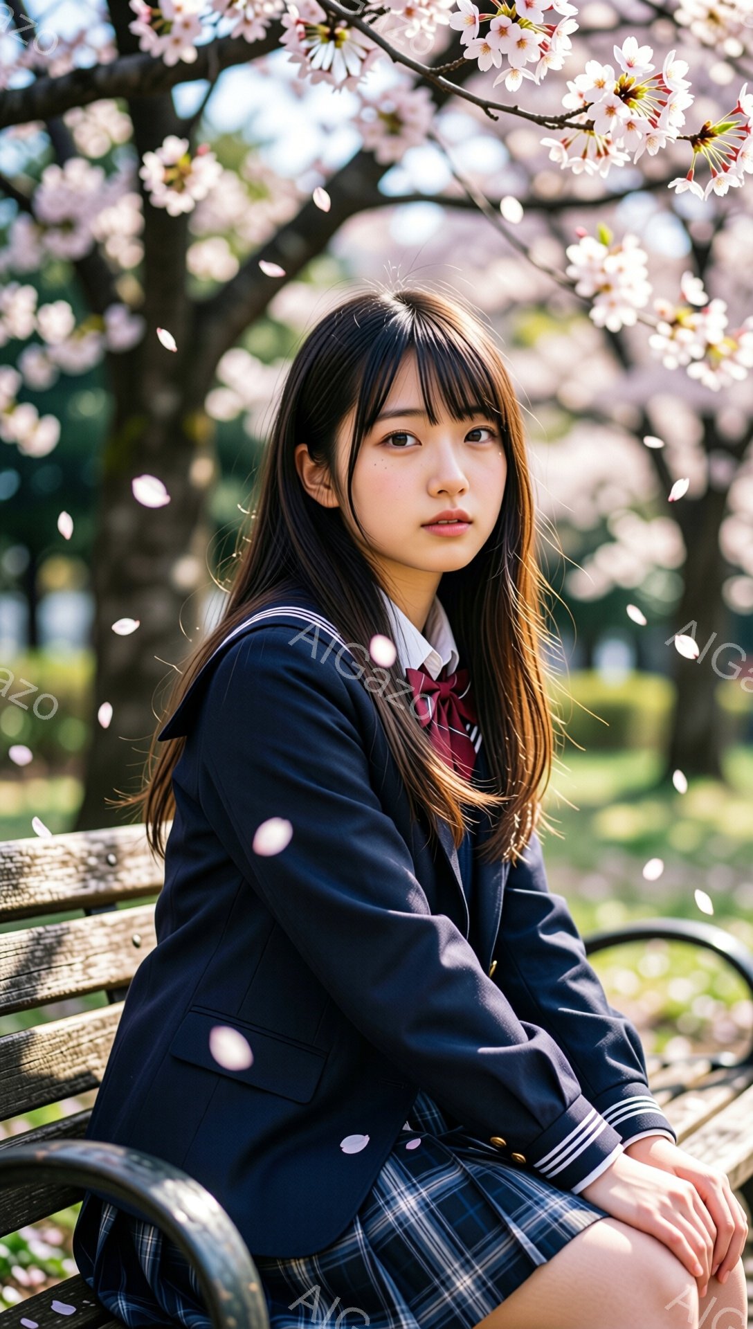桜並木のベンチに座る女子高生が写っている。紺色のブレザーにチェックのスカート、赤いネクタイという制服姿で、前髪を少し横に流したロングヘアが特徴的だ。彼女は少し憂いを帯びた表情で、こちらを見つめている。