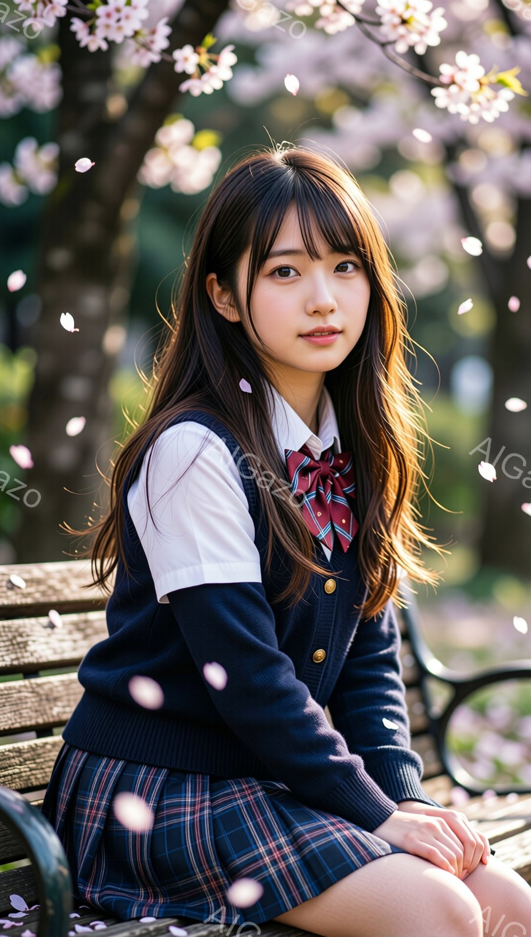 明るい春の日に、制服を着た若い女性が公園のベンチに座っています。彼女は紺色のカーディガンとチェック柄のスカートを着ており、首には赤いリボンを結んでいます。桜の花びらが舞い散る中で、彼女は少し微笑んでカ - AI生成フリー素材