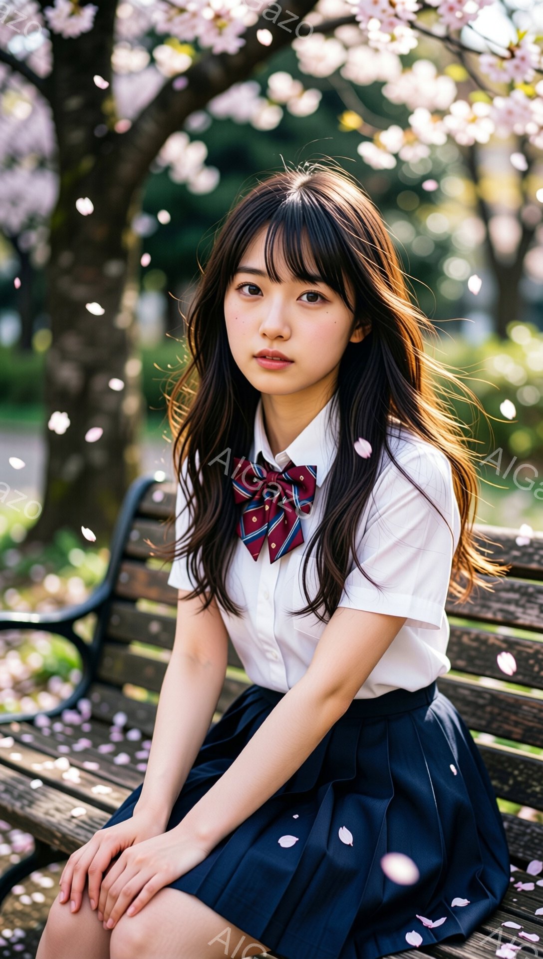 画像は、桜の花びらが舞う公園のベンチに座る若い女性を捉えています。彼女は白いシャツにネイビーのプリーツスカート、そして赤と黒のチェック柄のリボンを着用しており、日本の制服のようなスタイルです。長い黒髪 - AI生成フリー素材