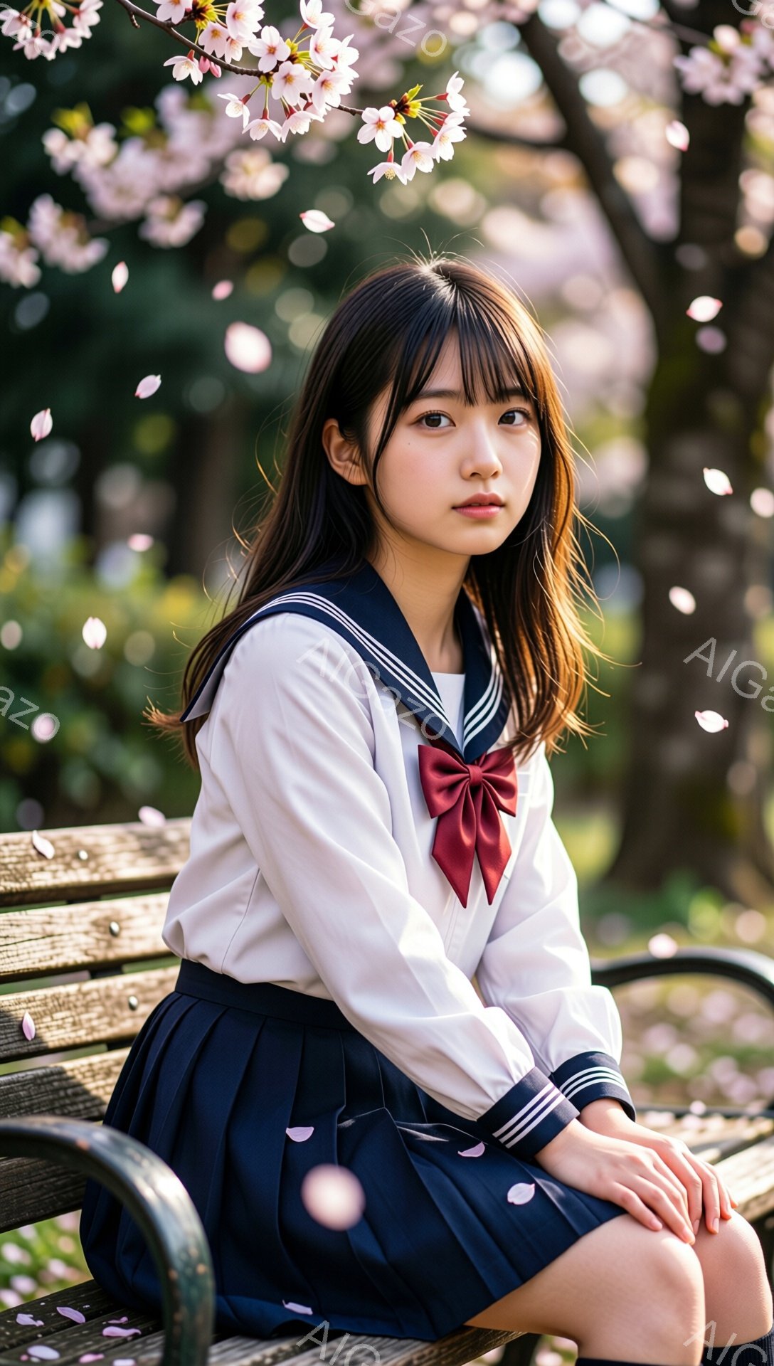 桜並木の下のベンチに座る女子高生が写っている。紺色のスカートと白いセーラー服、赤いリボンが印象的で、少し微笑んだ表情を浮かべている。背景には桜の花びらが舞い、春の穏やかな雰囲気が漂っている。