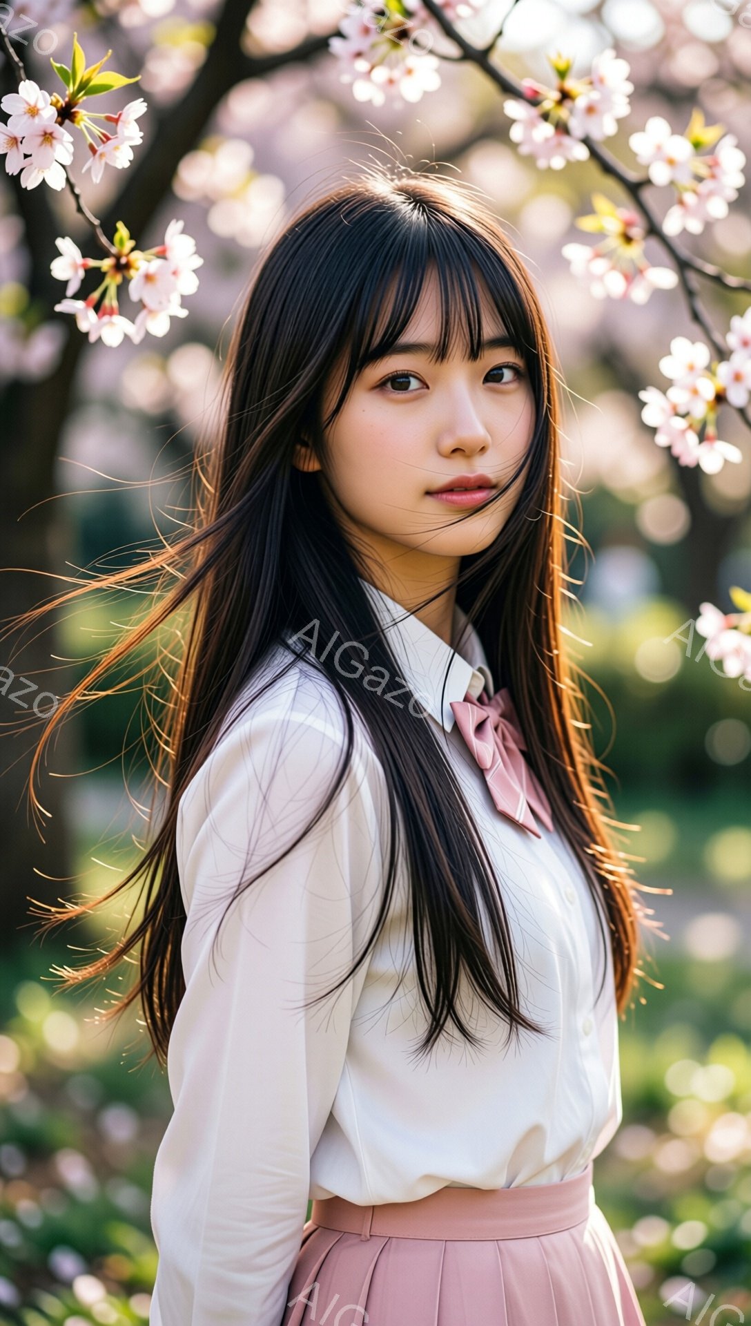 長い黒髪をなびかせ、白いブラウスとピンク色のスカートを身につけた若い女性が写っている。彼女はわずかに微笑み、どこか物憂げな表情で視線を外している。背景には桜の花が咲き乱れ、春の穏やかな雰囲気が漂ってい - AI生成フリー素材