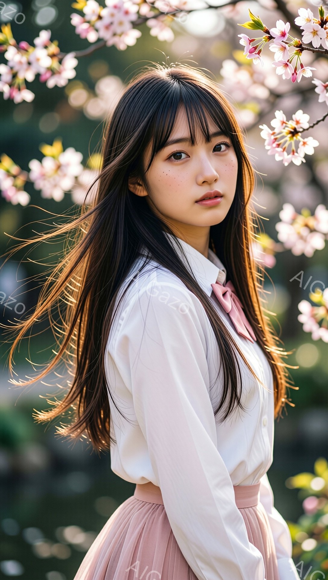 長い黒髪の女性が、桜の花びらが舞う中で、白いシャツと淡いピンク色のスカートを着ています。彼女は少し微笑んでおり、視線はカメラの方を向いています。背景にはぼやけた桜の木々があり、春の穏やかで美しい雰囲気 - AI生成フリー素材