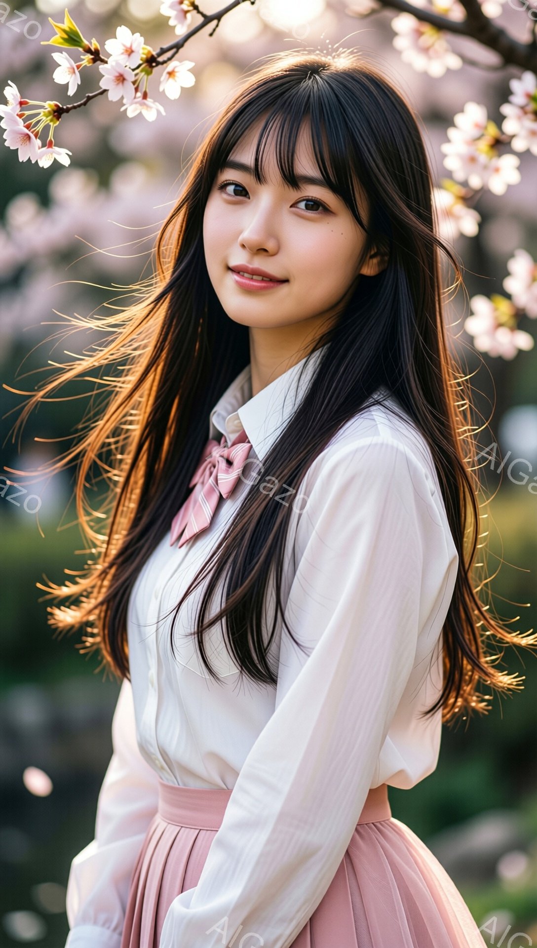黒髪の女性が、白いシャツとピンク色のスカート、そして淡いピンク色のネクタイを着用して立っています。彼女は少し微笑んでおり、顔は桜の花びらが舞う背景の中で明るく照らされています。背景にはぼやけた緑と桜の - AI生成フリー素材