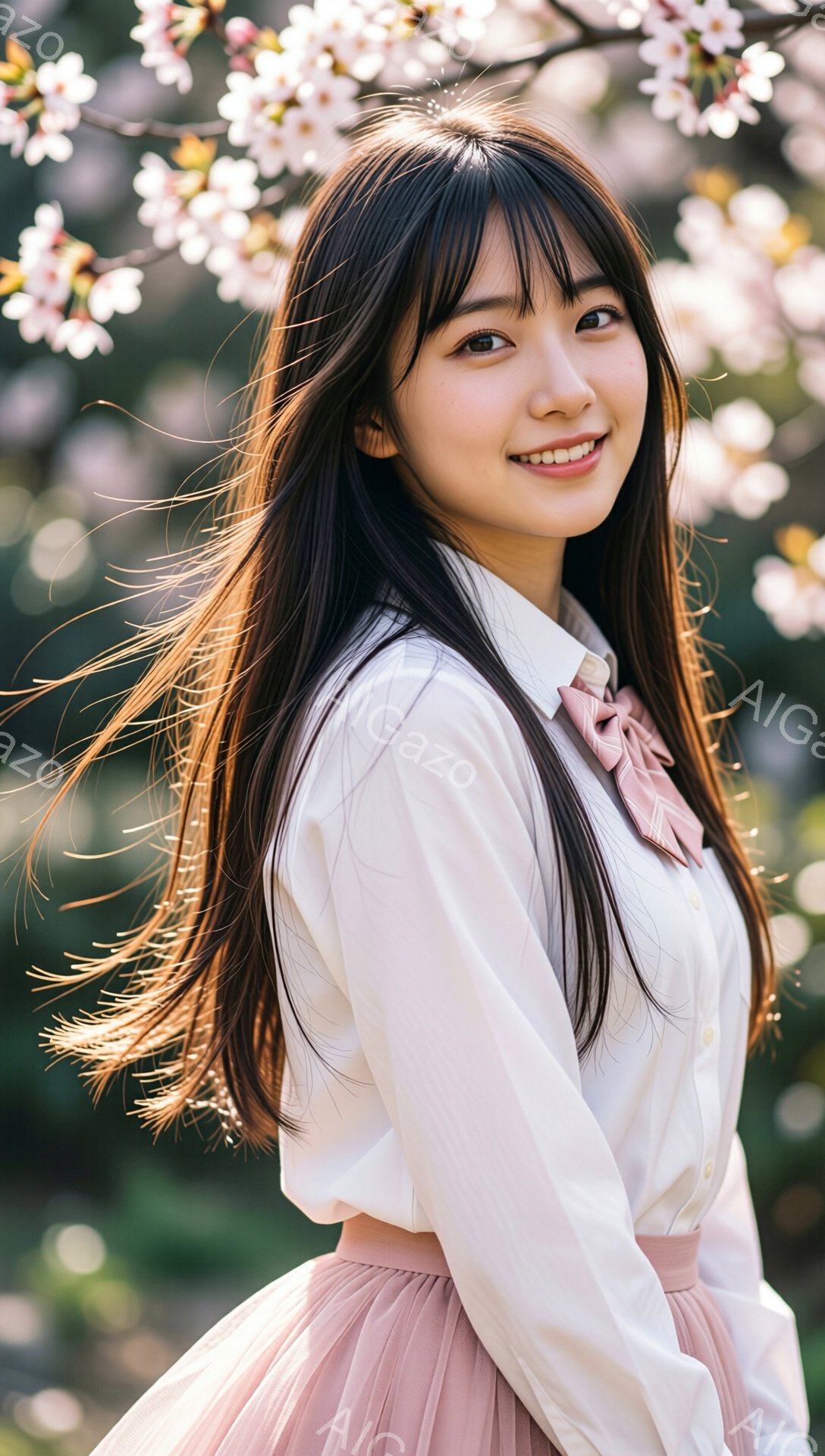 長い黒髪をなびかせ、白いブラウスと淡いピンク色のプリーツスカートを身につけた若い女性が写っている。彼女は少し横を向き、微笑んでおり、背景には桜が咲き誇る木々が見える。全体的に、春の暖かく、穏やかな雰囲気が漂っている。