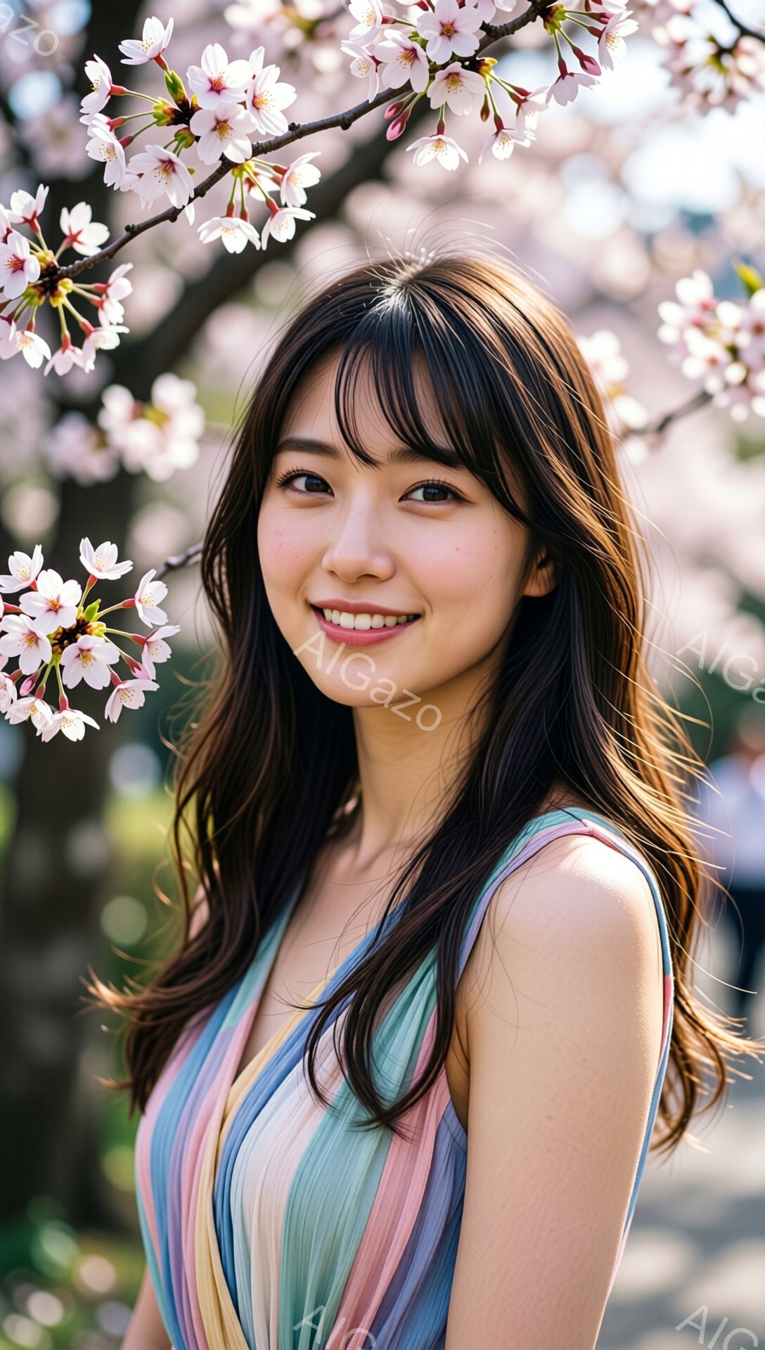 画像には、桜の花びらが咲き誇る中で、笑顔の女性が写っています。彼女は、パステルカラーのストライプのワンピースを着ており、ダークブラウンのロングヘアは肩にかかっています。背景にはぼやけた桜並木と、人々が見え、春の暖かく穏やかな雰囲気が漂っています。