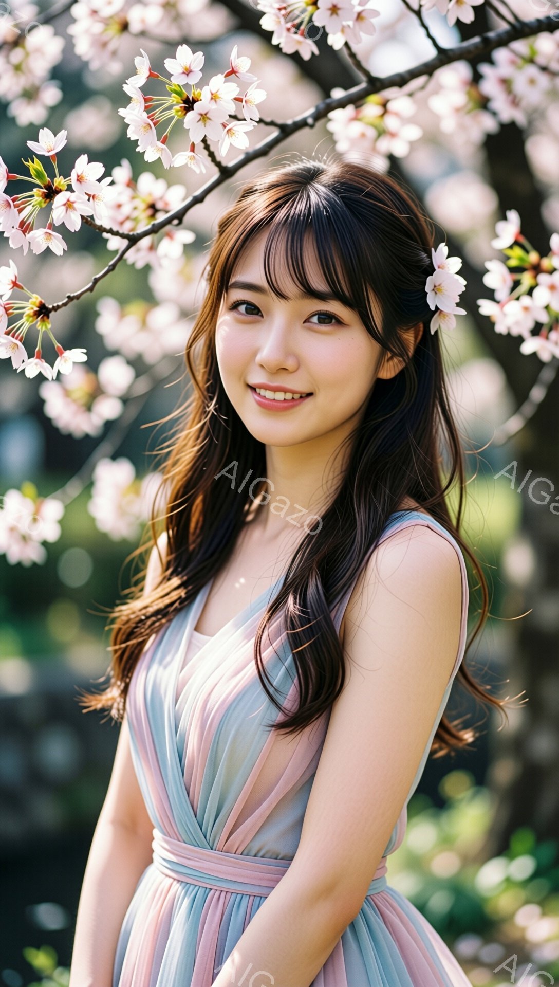 若い女性が桜の満開の木の下に立っており、微笑んでいます。彼女は薄い水色、ピンク、ライラック色のグラデーションの長いドレスを着ており、髪は肩にかかる長さで、前髪が少し流れています。背景は桜の花で覆われ、柔らかい春の光が彼女を照らしています。