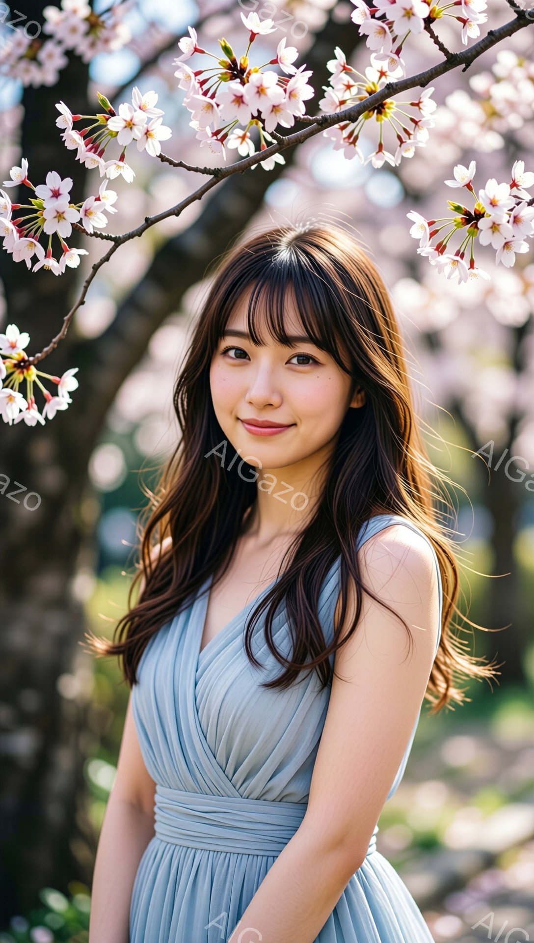 彼女は薄い水色のドレスを着ており、肩と鎖骨が美しく露出されています。ダークブラウンの髪は肩にかかる長さで、前髪は眉毛にかかるようにカットされています。背景には桜の木が咲き乱れ、春の穏やかな日差しが彼女を照らしています。