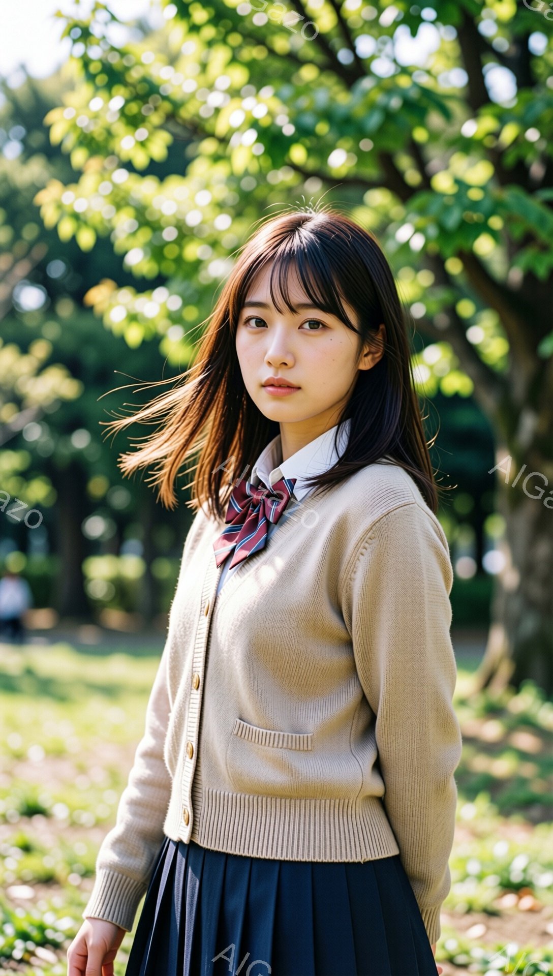 若い女性が、ベージュ色のカーディガン、白いシャツ、ネクタイ、紺色のプリーツスカートを身につけて立っています。彼女は肩までの長さの茶髪で、前髪は眉毛にかかるようにカットされています。背景には緑豊かな木々が見え、光が差し込み、穏やかで自然な雰囲気を醸し出しています。