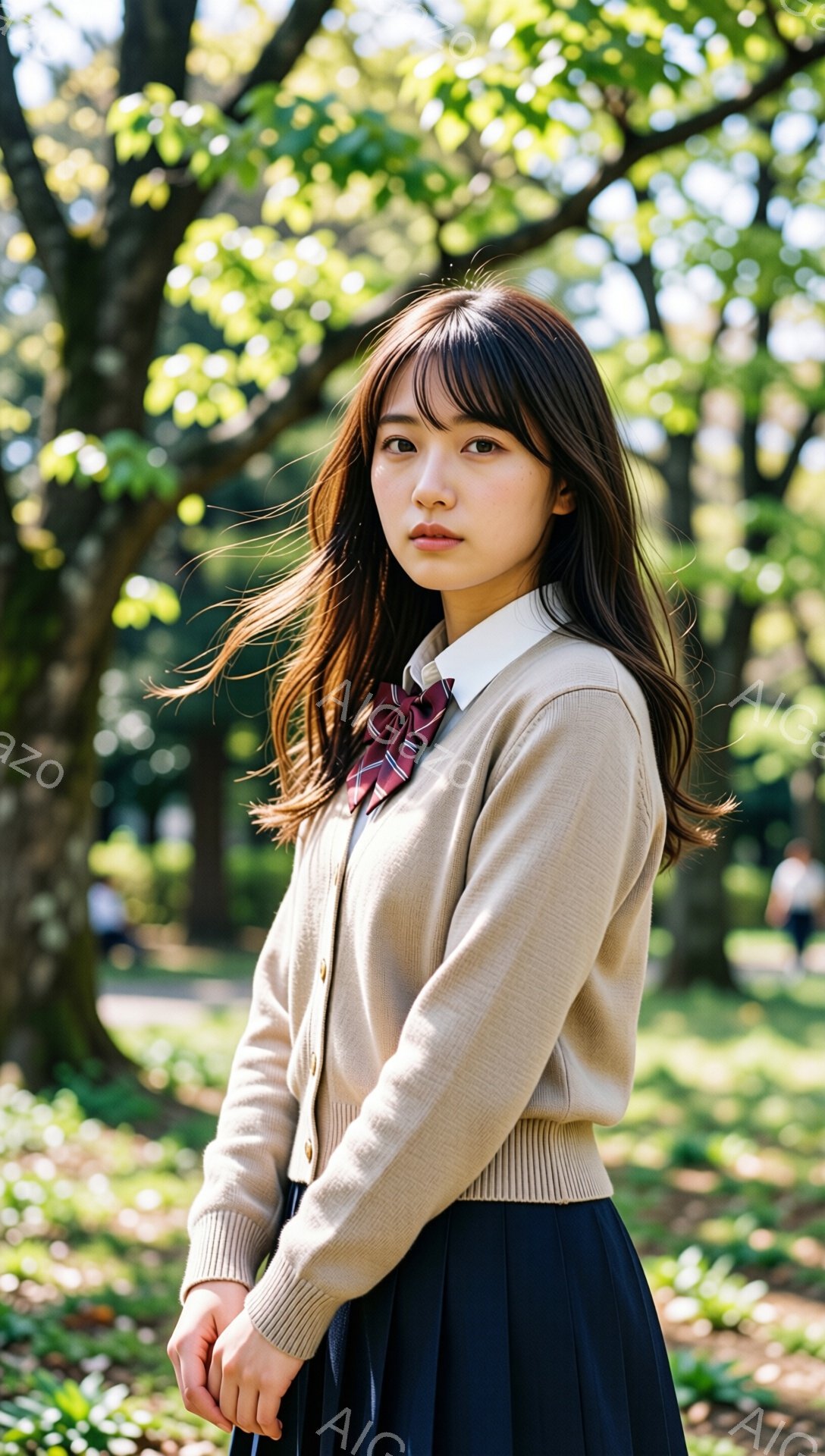 画像には、制服を着た若い女性が写っています。彼女はベージュのカーディガン、白いシャツ、赤いネクタイ、プリーツスカートを身につけ、少し横を向いて立っています。背景には緑豊かな木々と光が差し込む公園の風景が広がり、穏やかで春らしい雰囲気です。