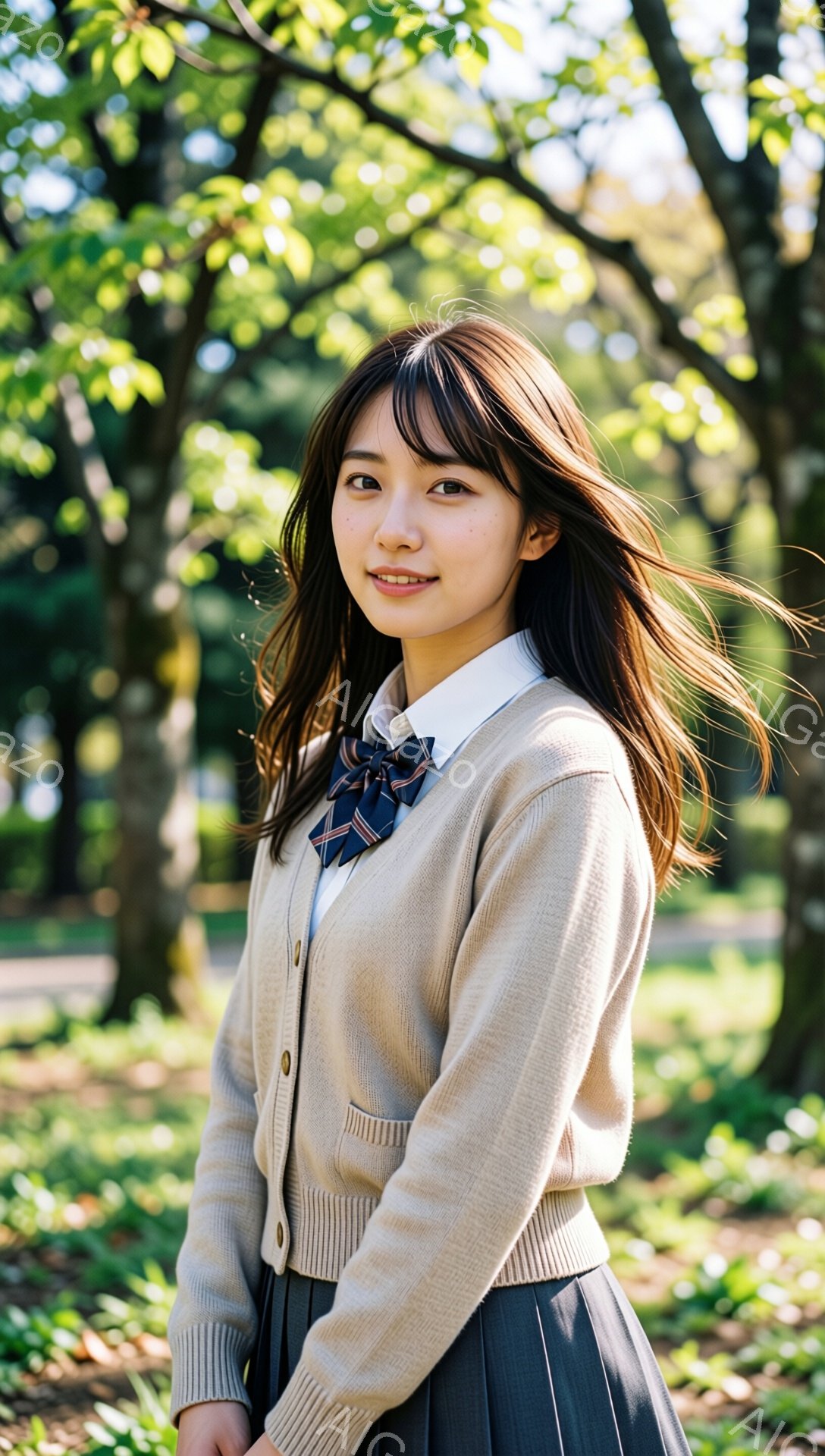 長い茶色の髪を持つ若い女性が、ベージュのカーディガン、白いシャツ、ネクタイ、そしてプリーツスカートを身につけて立っています。彼女は微笑んでおり、少し横を向き、リラックスした姿勢です。背景には緑豊かな木 - AI生成フリー素材