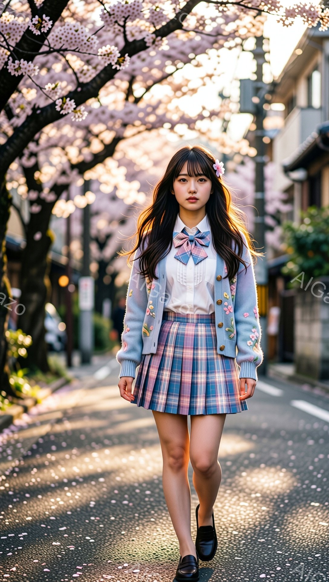 桜並木を歩く女性は、白いシャツに水色のカーディガン、チェック柄のプリーツスカートを身につけている。彼女は黒い髪を肩まで伸ばし、前髪を少し短く切ったヘアスタイルで、顔には控えめな微笑みが浮かんでいる。背景には日本の伝統的な建物と満開の桜が広がり、春の穏やかな雰囲気を醸し出している。