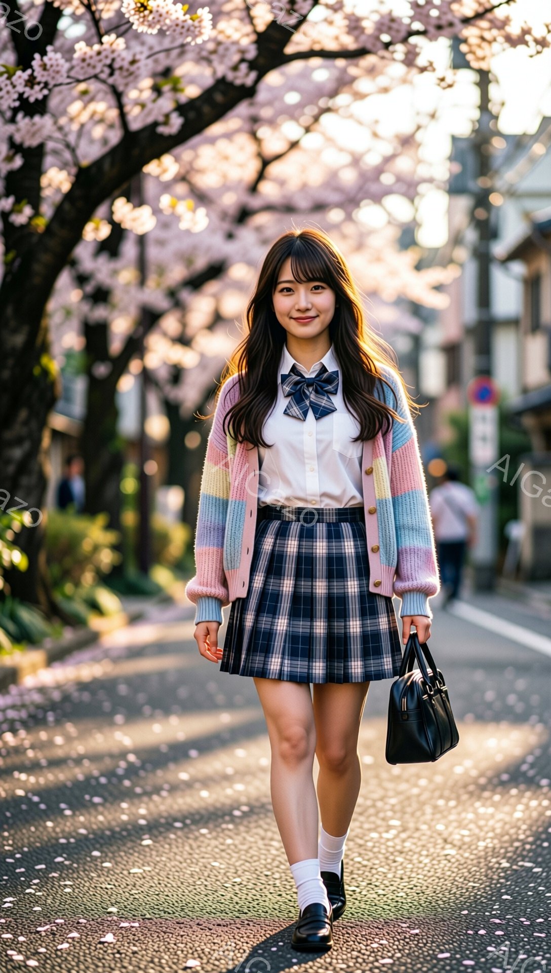 桜並木を歩く女子高生が写っている。彼女は白いシャツにネクタイ、チェック柄のプリーツスカート、カラフルなセーターを着用し、黒いバッグとローファーを合わせている。背景には、満開の桜並木と住宅がぼやけて写っており、春の暖かく穏やかな雰囲気が漂っている。