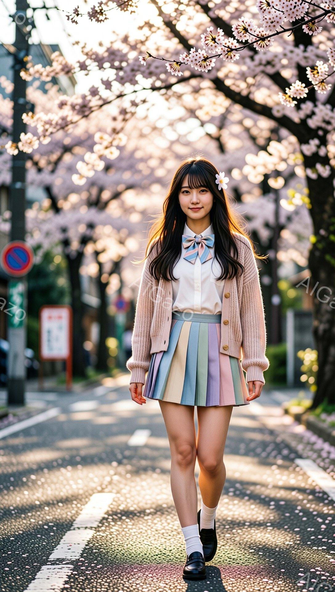 明るい日差しの下、若い女性が桜並木の中を歩いている。彼女はベージュのカーディガン、水色のリボン付きの白いシャツ、そしてパステルカラーのプリーツスカートを身に着け、白いソックスと黒いローファーを履いている。桜の花びらが舞い散る道と、背景に見える建物が春の穏やかな雰囲気を醸し出している。