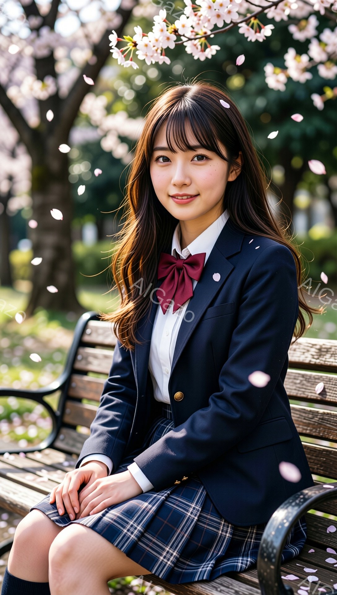 桜の花びらが舞う中、制服を着た女子高生が公園のベンチに座っている。彼女は紺色のブレザーにチェック柄のスカート、赤いリボンを締め、少し微笑んだ表情でカメラを見ている。背景には桜の木々と建物が見え、春の暖かく穏やかな雰囲気が漂っている。