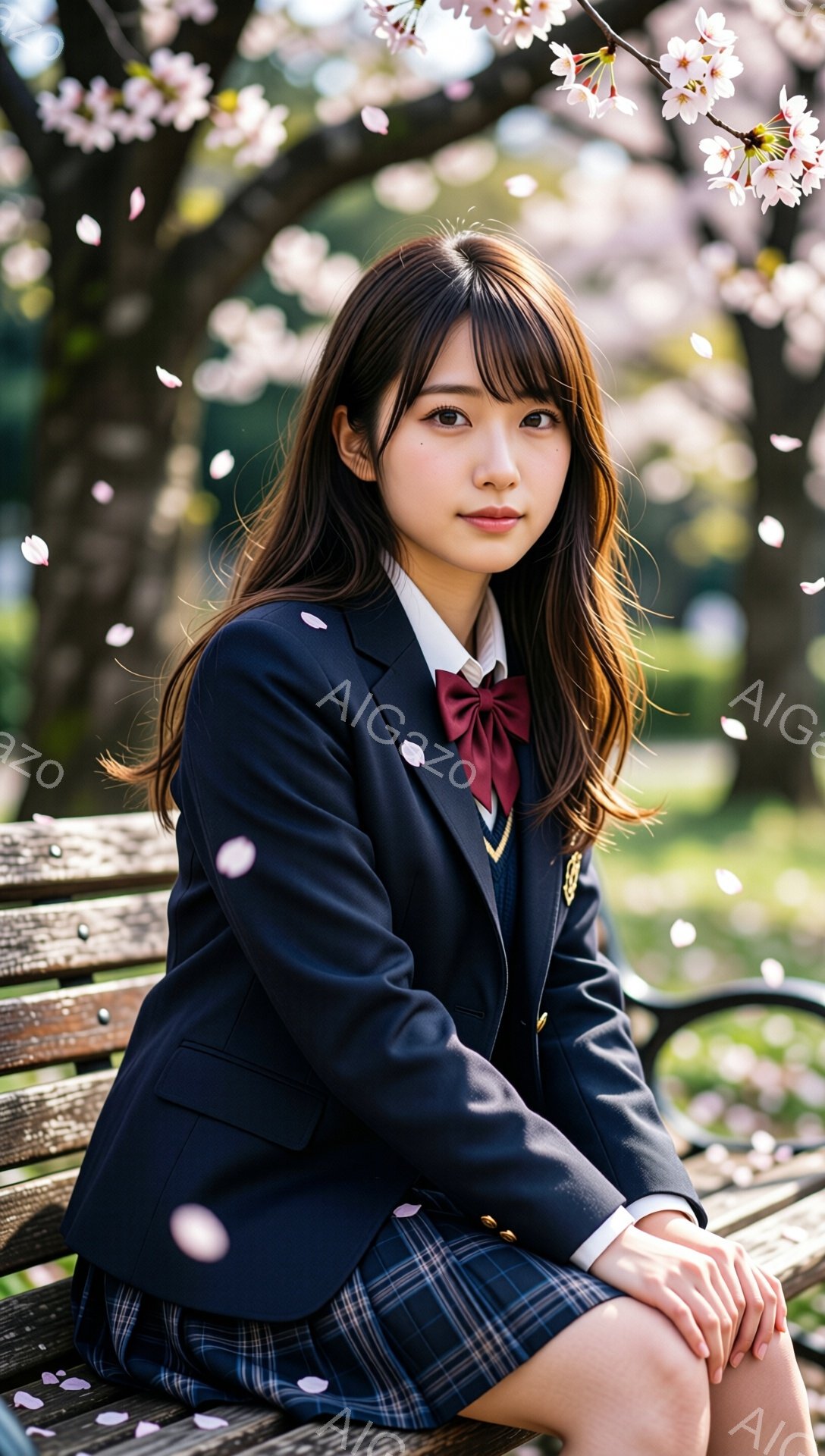 桜の花びらが舞う公園のベンチに、紺色のブレザーとチェック柄のスカート、赤いリボンを付けた女子高生が座っている。彼女は肩までの長さの茶髪で、穏やかな笑顔を浮かべ、少し横を向いた表情を見せている。背景には桜の木々と緑の芝生が広がり、春の暖かな日差しが感じられる。