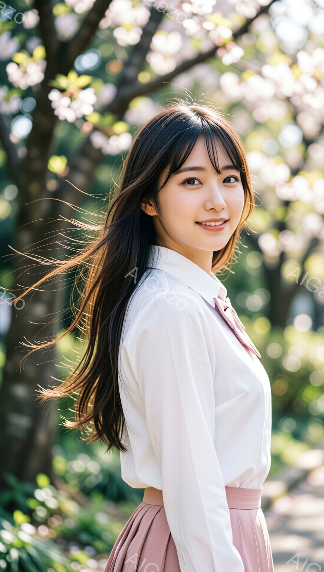 長い黒髪の女性が、薄いピンク色のブラウスとスカートを着て、少し横を向いて微笑んでいます。彼女の髪は風になびき、背景には桜の木々と緑豊かな自然が広がっています。全体的に、春の暖かく柔らかな雰囲気が漂って - AI生成フリー素材