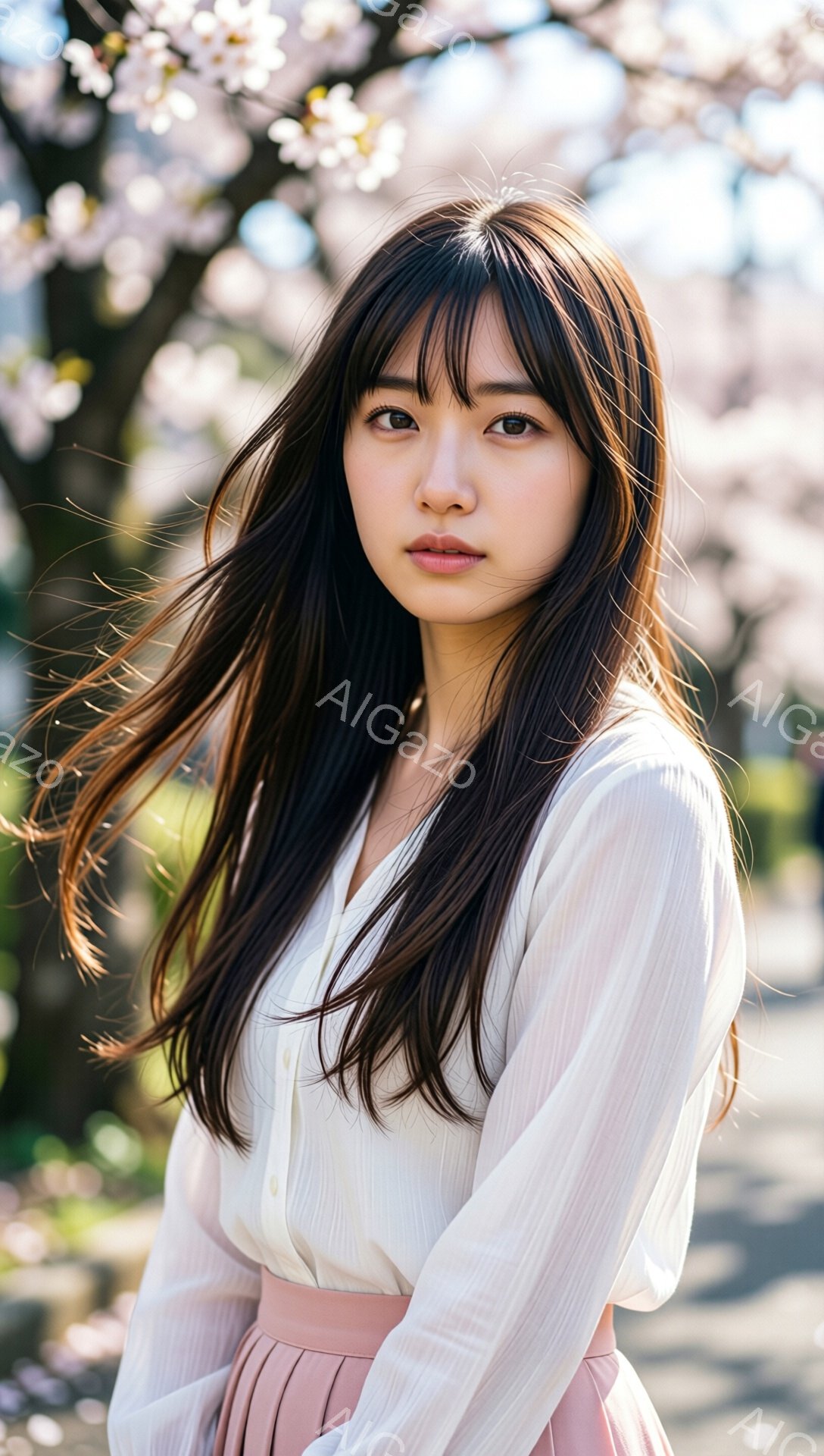 長い黒髪の女性が、白いブラウスとピンクのスカートを着て立っています。彼女は少し微笑んでおり、視線はカメラの方を向いています。背景には桜が咲き乱れ、春の暖かさと優しさを感じさせる穏やかな雰囲気です。 - AI生成フリー素材