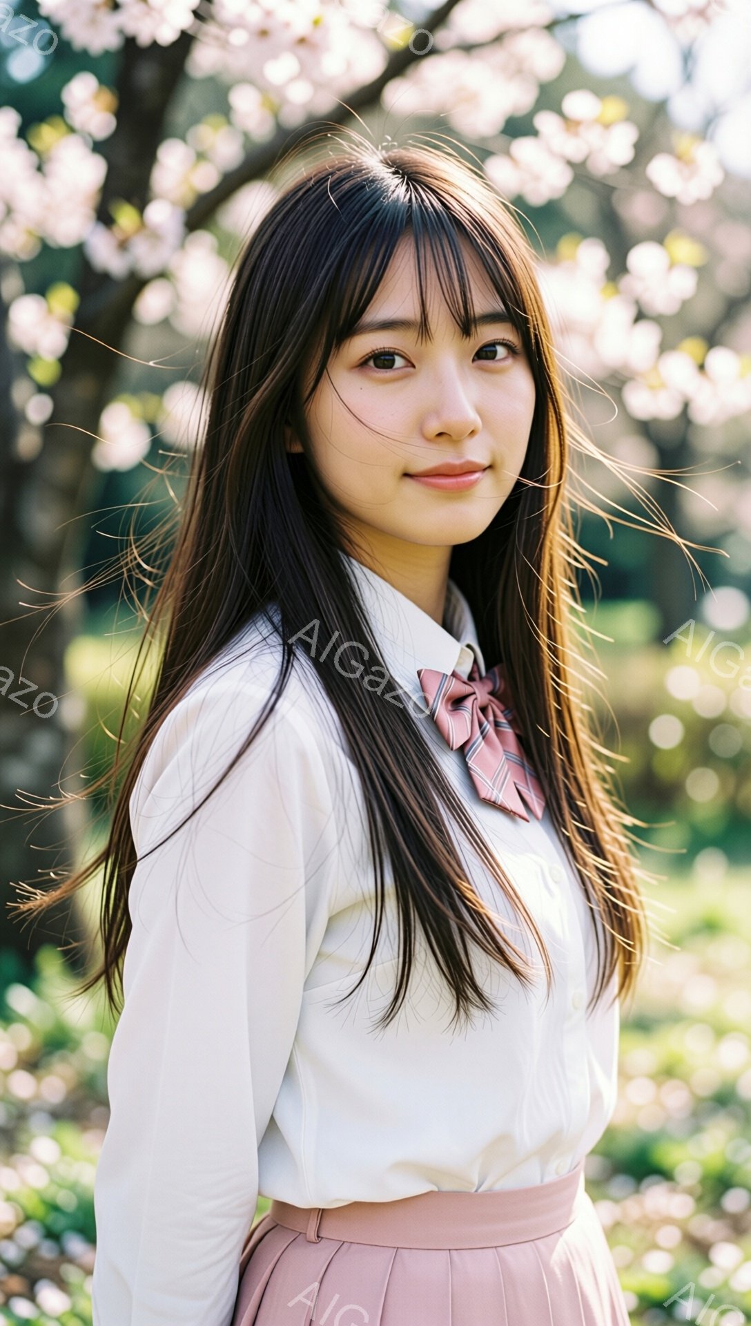 長い黒髪をセンターパートにした若い女性が、白いシャツとピンクのチェック柄のリボン、ピンクのスカートを身につけています。彼女は少し横を向き、穏やかな微笑みを浮かべており、背景には桜の花びらが舞う桜並木が - AI生成フリー素材
