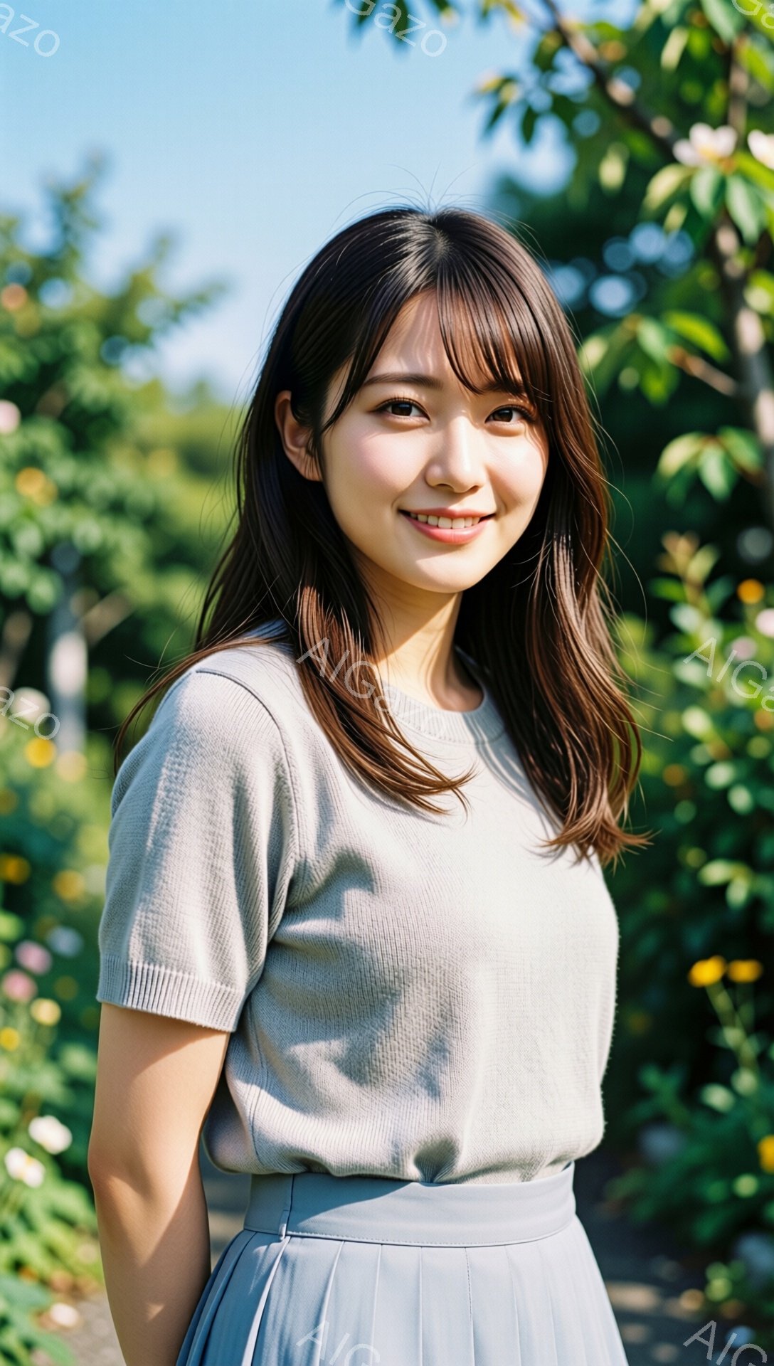 画像には、明るい屋外で微笑む若い女性が写っています。彼女はベージュ色のニットセーターとグレーのプリーツスカートを着用し、肩までの長さのダークブラウンの髪は少しカールしています。背景には緑豊かな植物とぼやけた黄色い花が見え、全体的に柔らかく自然な雰囲気を醸し出しています。