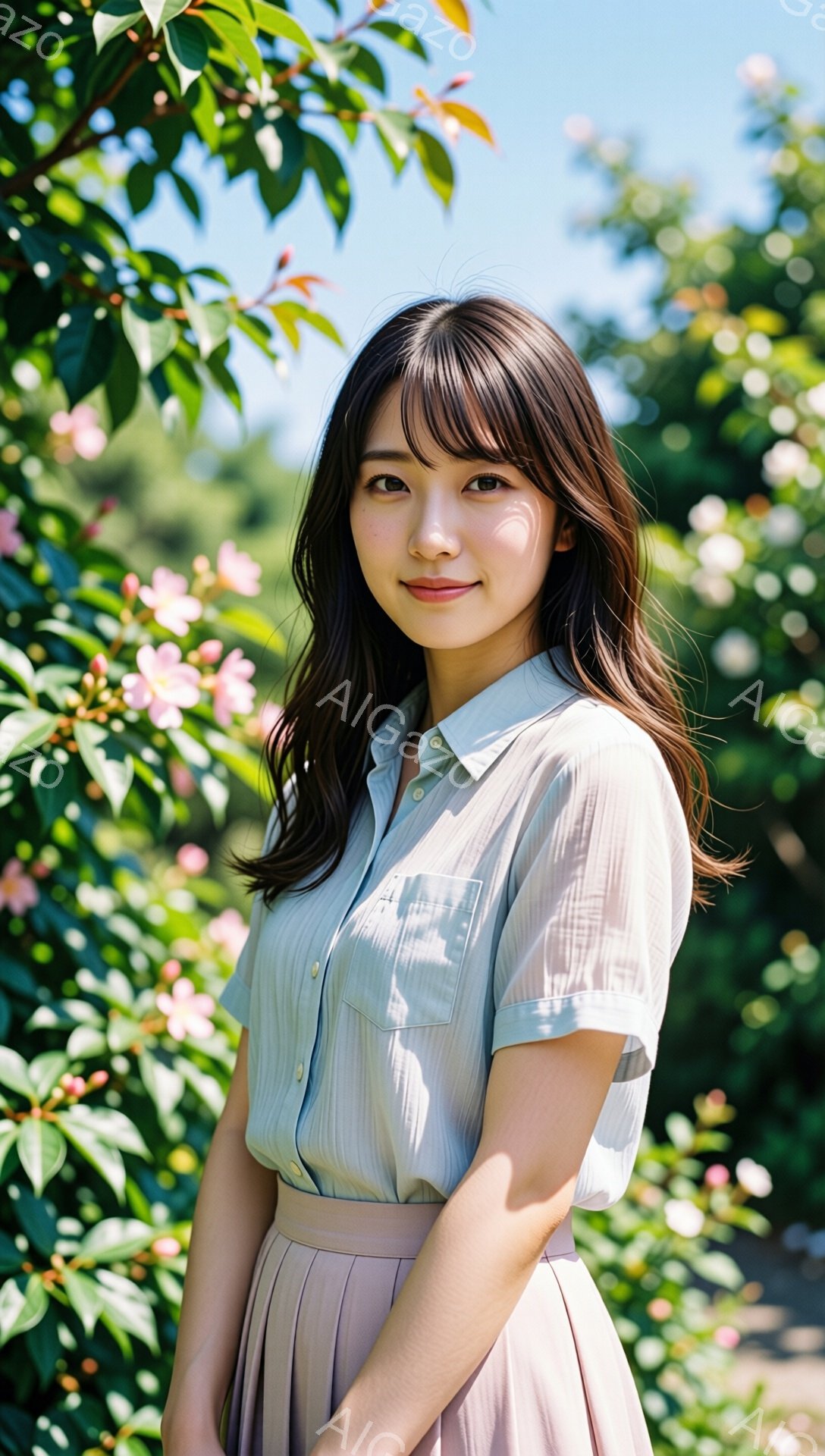 若い女性が、薄いピンク色のスカートと、淡い緑色のボタンダウンシャツを着て、穏やかな笑顔を浮かべて立っています。彼女は長いダークブラウンの髪を肩にかかって自然に垂らしており、少し横向きのポーズをとってい - AI生成フリー素材