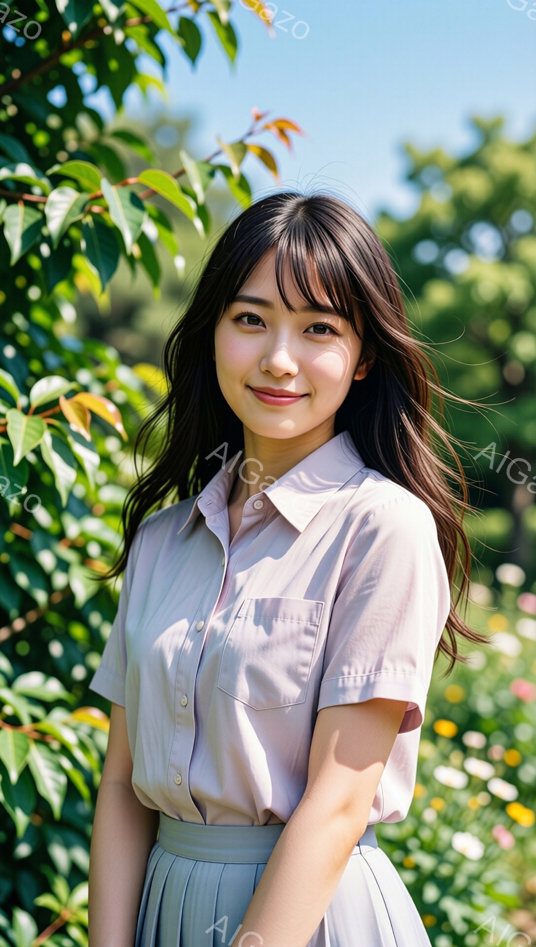長い黒髪を肩まで伸ばした若い女性が、薄いピンク色のシャツと灰色のスカートを身につけて立っています。彼女は微笑んでおり、表情は穏やかで親しみやすいです。背景には緑豊かな植物が見え、晴れた日の自然の中で撮影された写真であることがわかります。