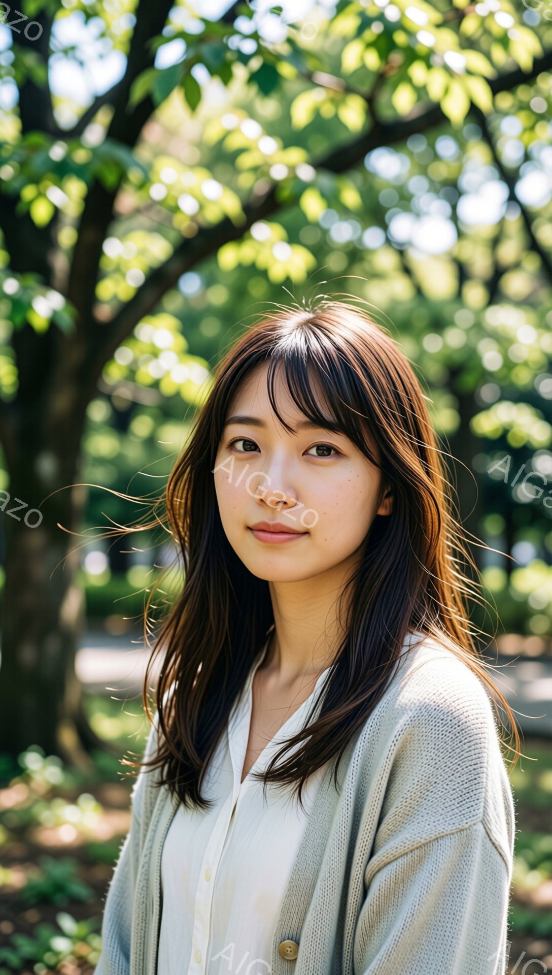 長い茶色の髪の女性が、薄いグレーのカーディガンと白いブラウスを着て、わずかに微笑んでいます。彼女はカメラに向かって少し横を向き、リラックスした姿勢で立っています。背景には緑豊かな木々があり、柔らかい光が差し込み、穏やかで自然な雰囲気を醸し出しています。