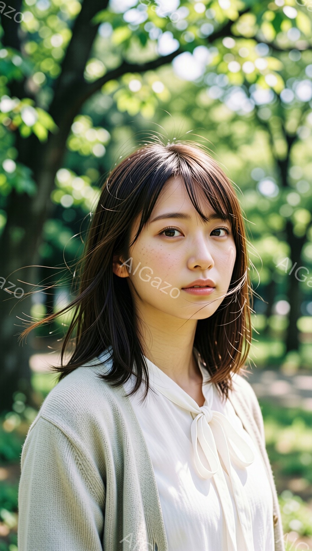 若い女性が、ベージュ色のカーディガンと白いブラウス姿で正面を向いています。彼女は少し微笑んでおり、自然な表情で、髪は肩までの長さで少し無造作に整えられています。背景は緑豊かな木々に覆われた公園で、光が - AI生成フリー素材
