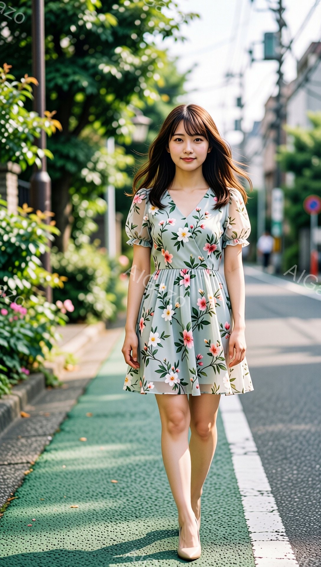 若い女性が、薄緑色で花柄のワンピースを着て、アスファルトの道の上を歩いている。彼女は肩まで伸びた黒髪で、前髪は眉毛にかかるようにカットされ、穏やかな笑顔を浮かべている。背景には緑豊かな植物と住宅が見え、晴れた日の穏やかな雰囲気が伝わってくる。