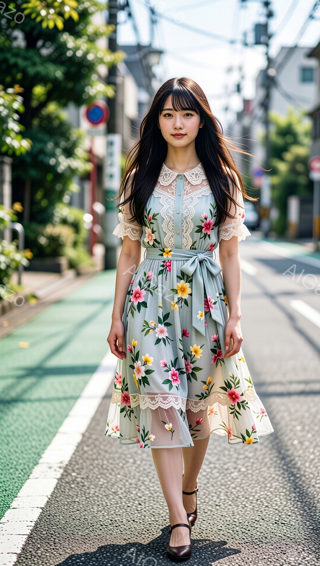 モデルは、花柄のシアーな素材のミディアム丈ワンピースと、クリーム色のレースの襟が特徴的な服装をしています。彼女は黒いロングヘアで、顔の横にフリンジがかかったヘアスタイルをしており、表情は穏やかでカメラ目線です。背景にはアスファルトの道、緑色の歩道、そして日本の住宅や街並みがぼやけて見え、晴天の下、明るく華やかな雰囲気を醸し出しています。