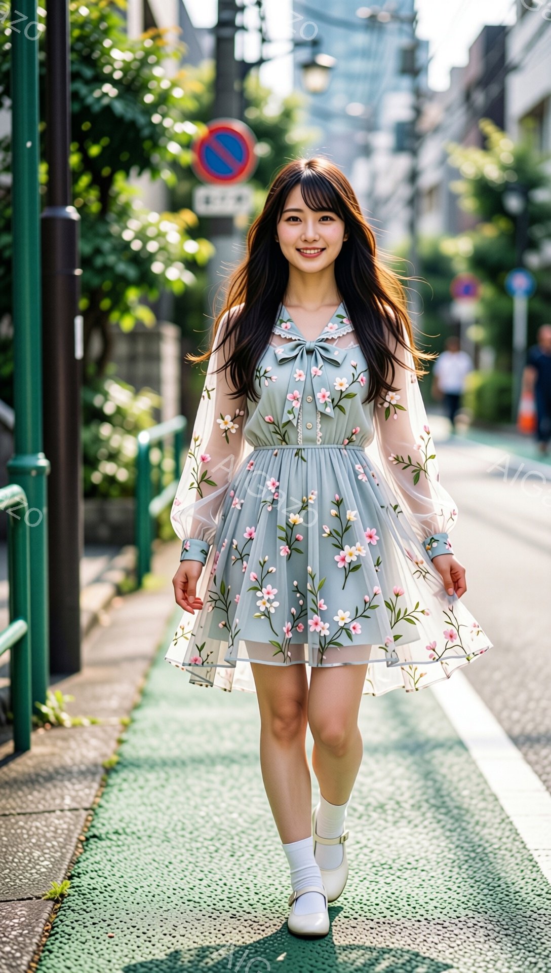 浅い緑色の花柄のワンピースを着た若い女性が、歩道を歩いている。彼女は長い黒髪で、笑顔を見せ、白い靴下と白い靴を履いている。背景には建物と緑の植生が見え、晴れた日の穏やかな雰囲気が漂っている。