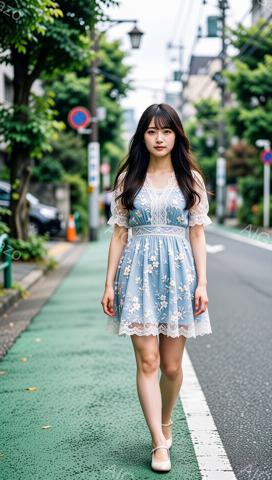 淡い水色の花柄のワンピースを着た女性が、歩道を歩いている。髪は長くストレートで、前髪は眉毛にかかる程度にカットされている。背景には緑の歩道と、住宅や木々が見え、晴れ間が見える曇り空が広がっている。