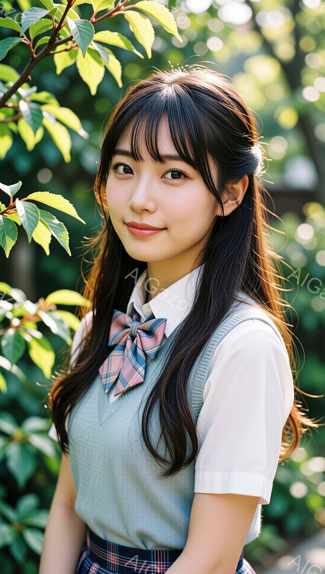 長い黒髪を肩から下で、少しカールをつけたスタイルで、前髪は眉毛にかかるように流している女性が写っている。水色のベストに白いシャツ、チェック柄のスカートを着用し、首には同柄のスカーフを巻いている。背景には緑豊かな葉が生い茂った木々があり、柔らかい光が差し込み、全体的に爽やかで穏やかな雰囲気を醸し出している。