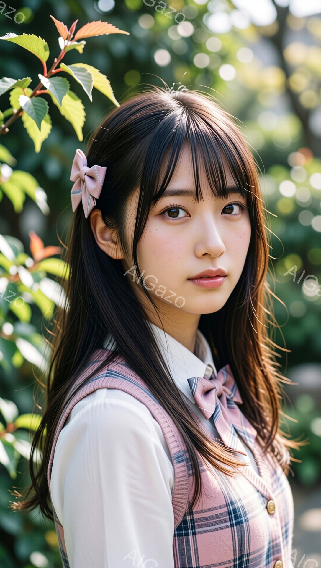 長い黒髪で、前髪は少し横に流され、ピンクのリボンをつけている女性が写っている。彼女は白いブラウスとピンクと白のチェックのベストを着ており、少し上目遣いで微笑んでいる。背景は緑豊かな植物で、日差しが柔らかく、全体的に優しい雰囲気が漂っている。