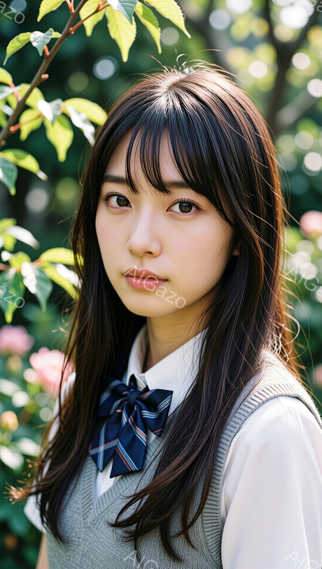 長い黒髪で、前髪は眉毛にかかるように流されています。白いシャツにグレーのベスト、そして青いチェック柄のネクタイを締めており、制服を着ているように見えます。背景には緑豊かな植物があり、一部に薄いピンク色の花が見え、全体的に柔らかく穏やかな雰囲気が漂っています。