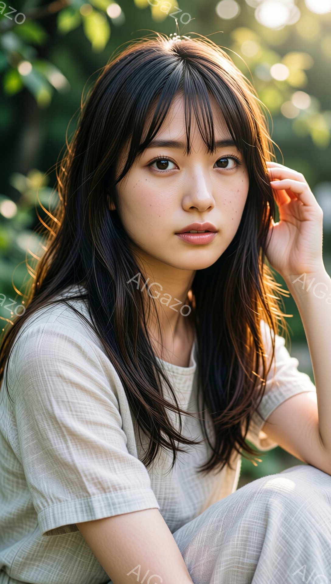 長い黒髪で、前髪は眉毛にかかるように切り揃えられています。ベージュ色のゆったりとした服を着ており、頬に手を当ててこちらを見つめています。背景には緑豊かな木々が見え、柔らかな光が彼女を照らしており、穏やかで優しい雰囲気を醸し出しています。