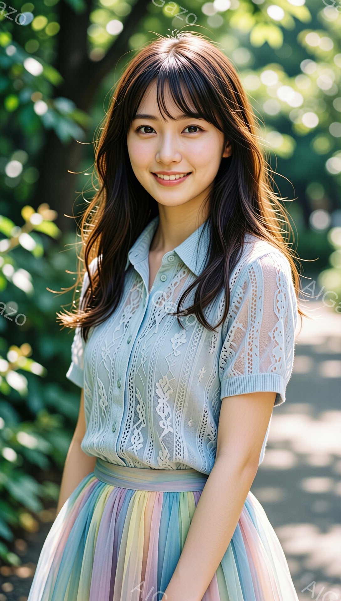 長い茶色の髪を肩にかける女性が、淡い水色のレースのブラウスと虹色のチュールスカートを身に着けて微笑んでいます。彼女は少し体を前に傾け、リラックスした姿勢でカメラを見つめています。背景は緑豊かな木々で、 - AI生成フリー素材