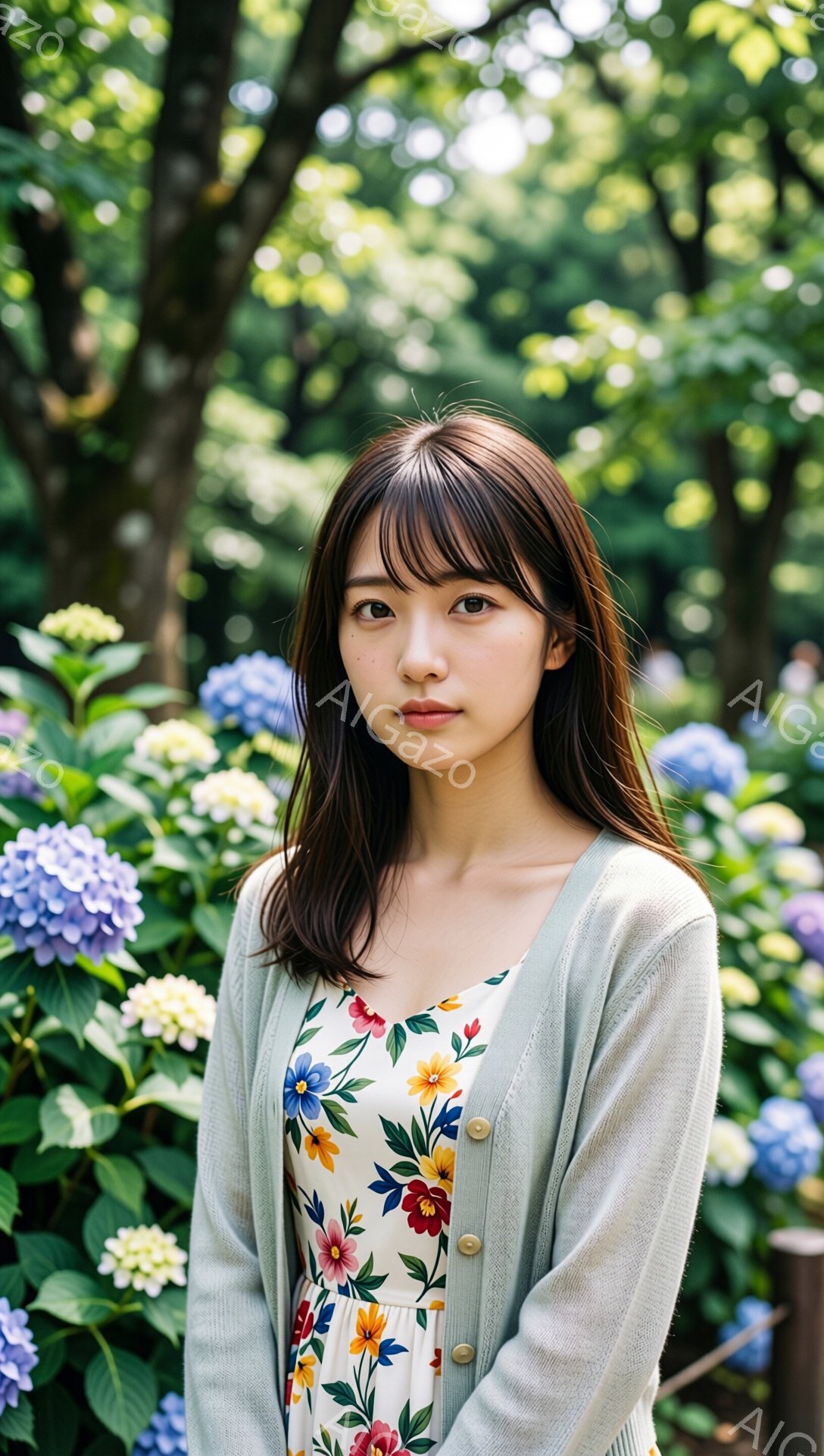 長いダークブラウンの髪を肩のあたりで切り揃えた女性が、花柄のワンピースの上に薄い灰色のカーディガンを着ています。彼女は正面をまっすぐ見つめ、穏やかで少し控えめな表情をしています。背景には、青や白のあじさいの花が密集しており、緑豊かな自然の中で撮影されたことがわかります。