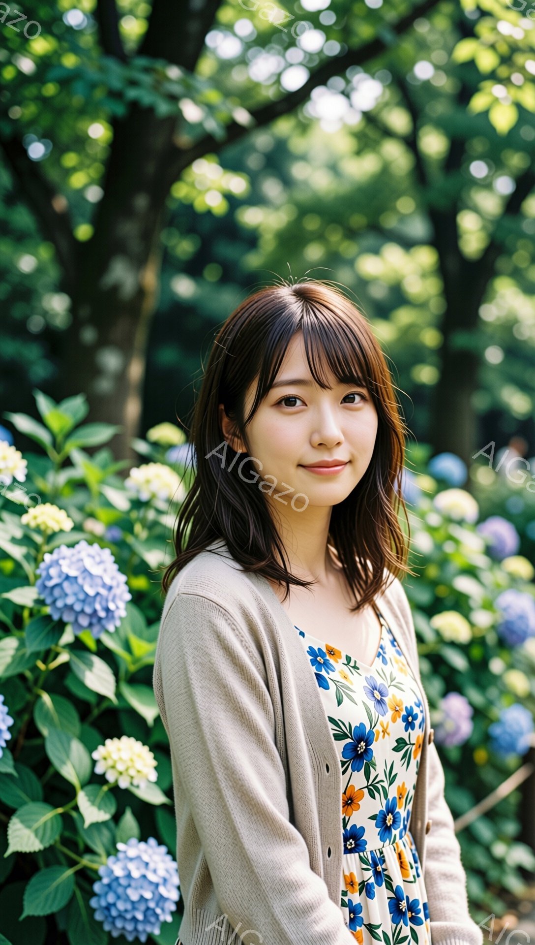 茶髪の女性が、ベージュのカーディガンと花柄のワンピースを着て、少し微笑んでいます。彼女は正面を向いており、背景には青や白の紫陽花が咲き乱れる緑豊かな庭園があります。光が柔らかく差し込み、穏やかで優しい雰囲気を醸し出しています。