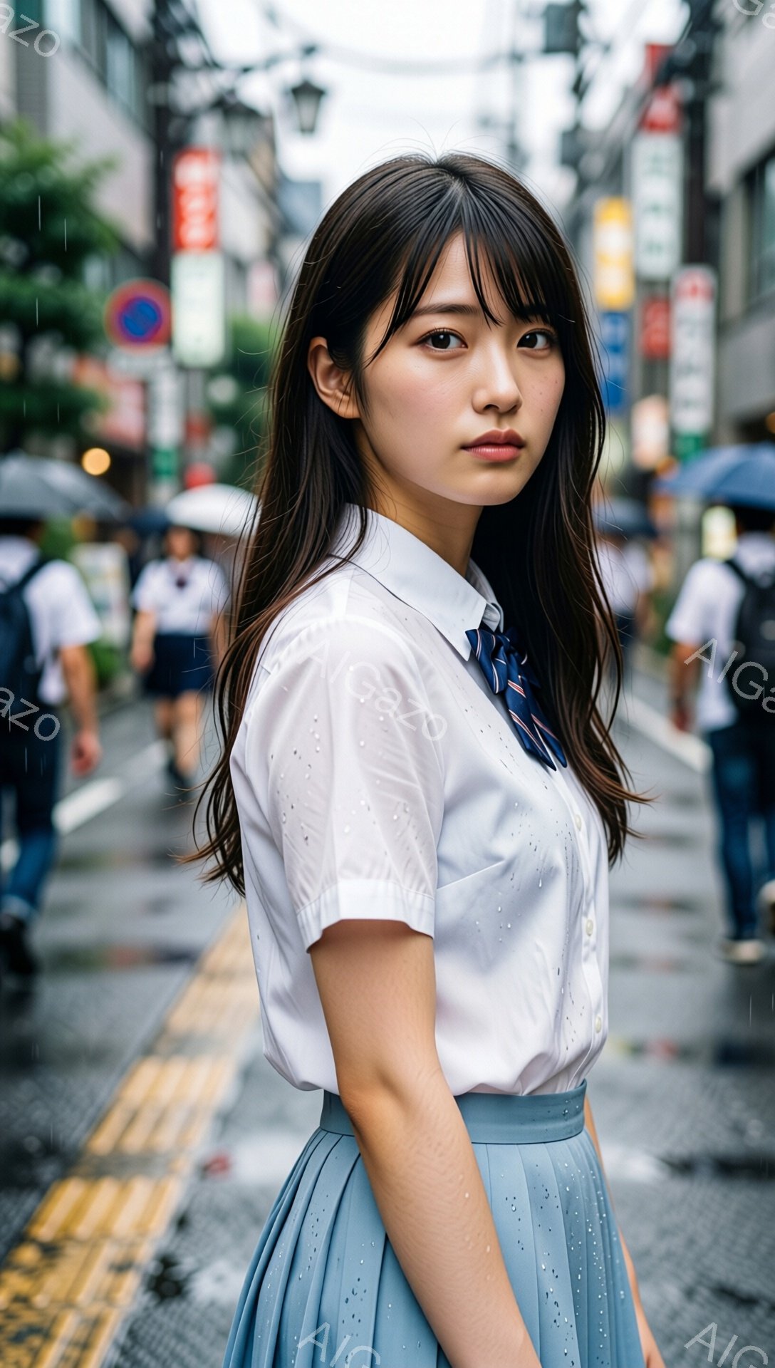 雨の日に制服を着た若い女性が写っている。彼女は白いブラウスと水色のスカートを着ており、ネクタイが締まっている。背景には、雨で濡れた道路と、ぼやけた人々と建物が写っており、憂鬱で少しノスタルジックな雰囲気を醸し出している。